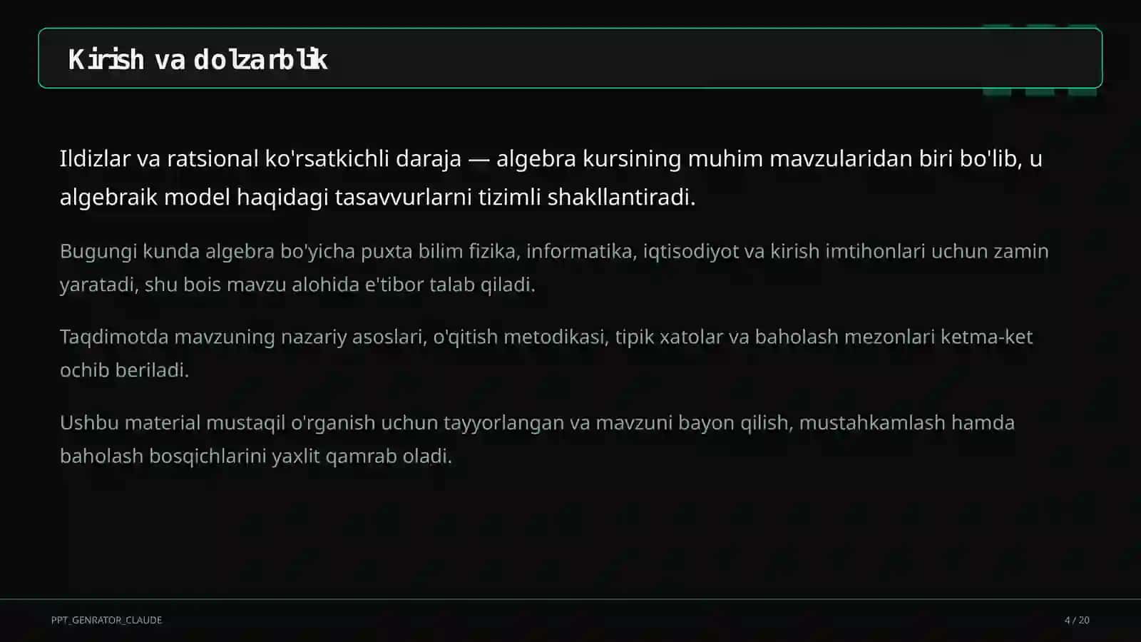 Ildizlar va ratsional ko'rsatkichli daraja (10-sinf) 4