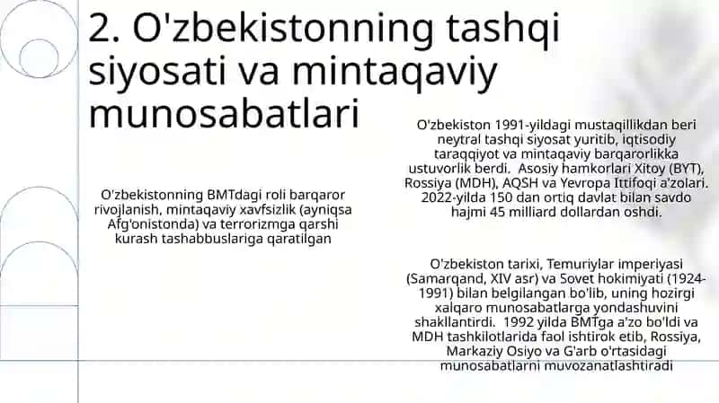 Oʻzbekistonning BMT va MDHga aʼzo boʻlish tarixi va oʻrni 4