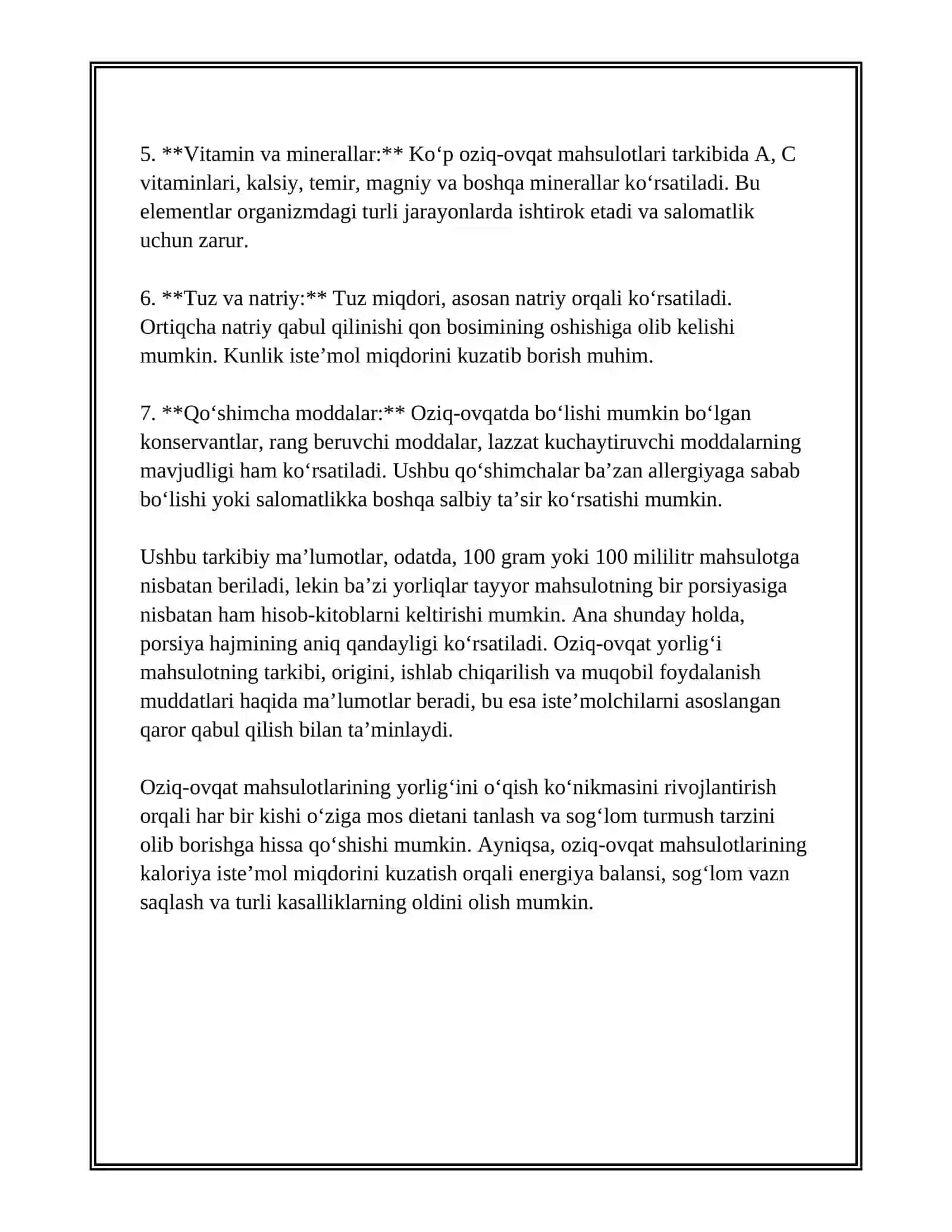 OZIQ-OVQAT MAHSULOTLARINING TARTIBI FOYDALI VA ZARARLI XUSUSIYATLARINI YORLIQLARI ORQALI OʻRGANISH 4