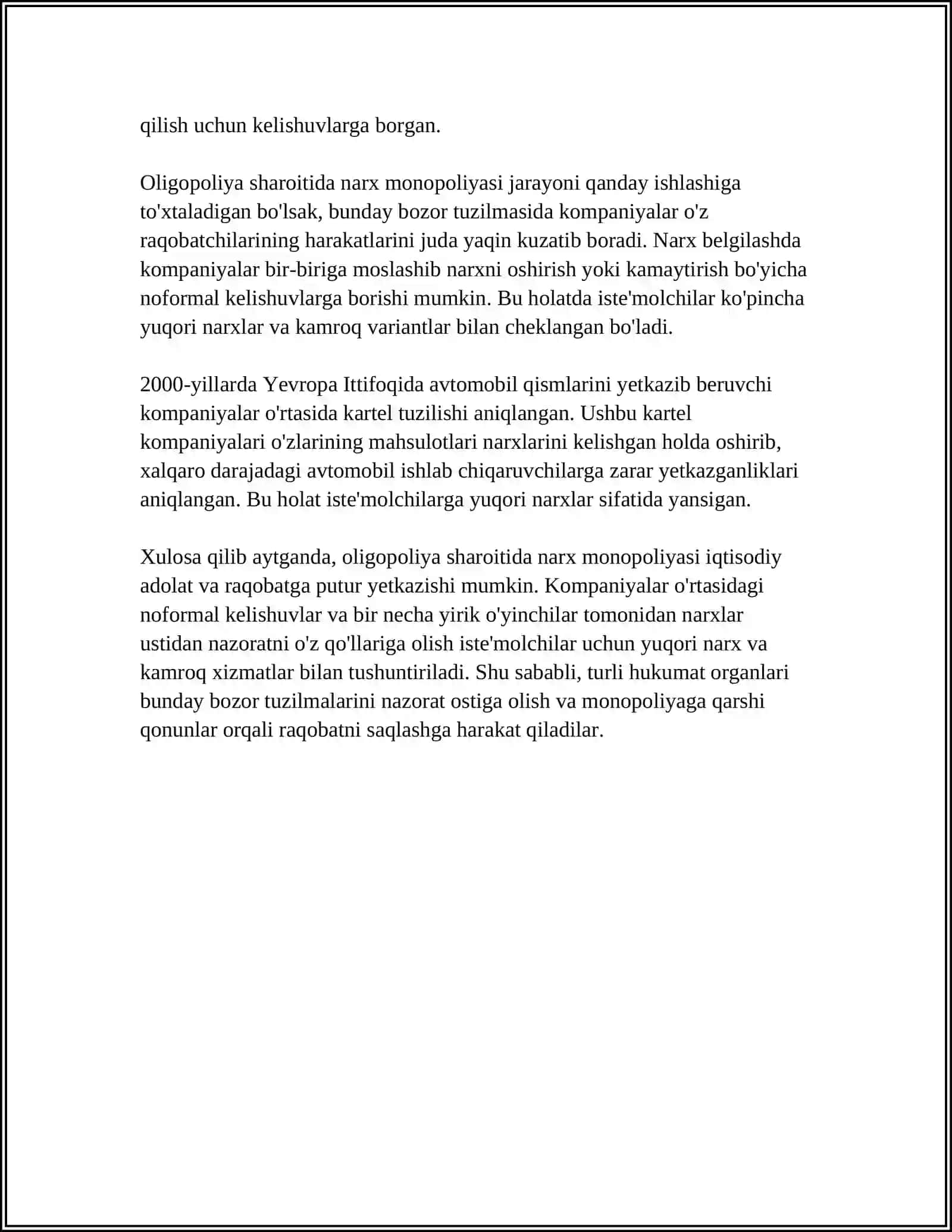 UMUMIY TALAB BO'YICHA NARXNING O'ZGARISHI. OLIGOPOLIPA SHAROITIDA NARXNING SHAKLLANISHI 4