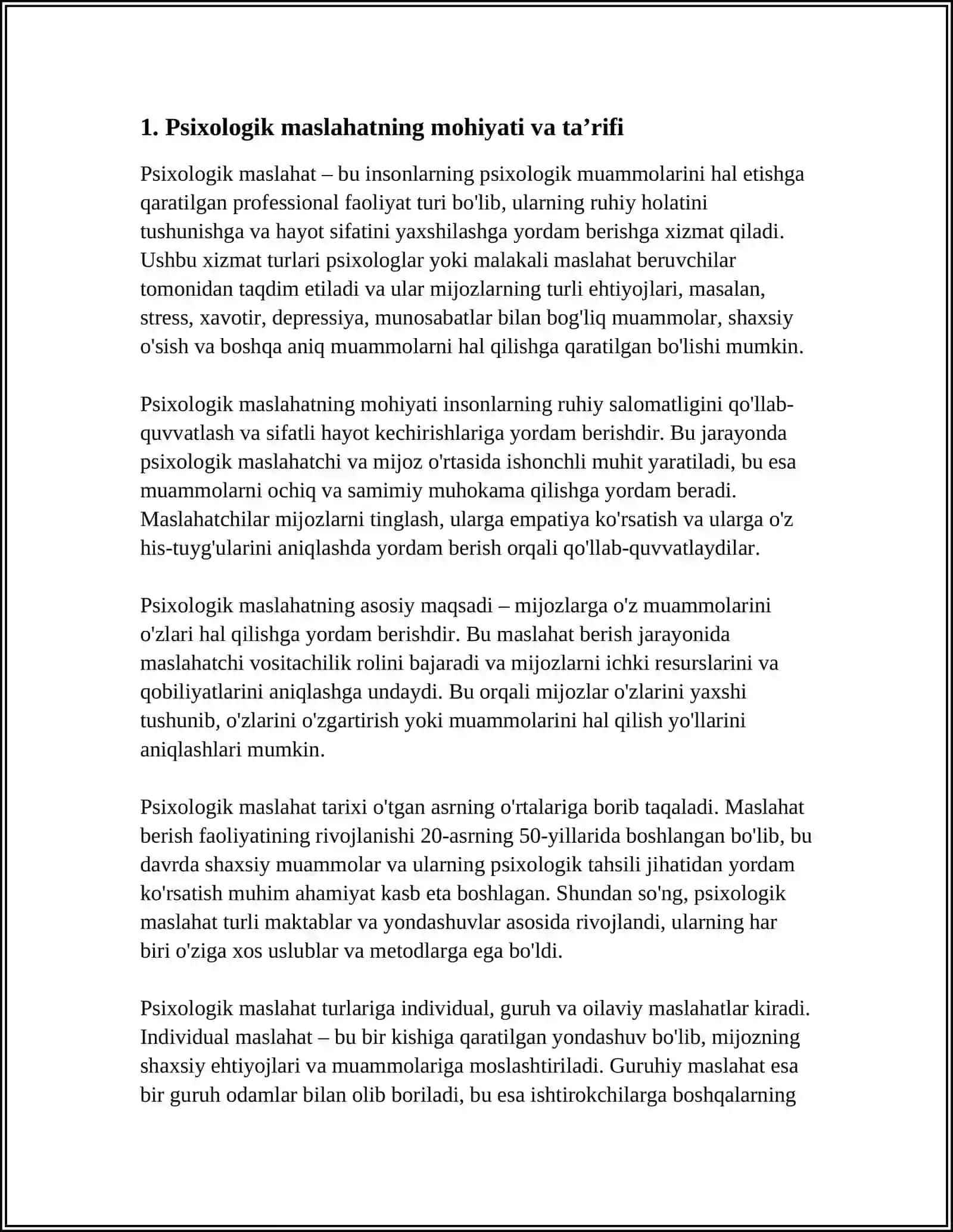 Mavzu: PSIXOLOGIK MASLAHAT HAQIDA UMUMIY TUSHUNCHA. MASLAHATCHIGA QOYILADIGAN TALABLAR.MASLAHATCHINI KASBGA TAYYORLASH. MASLAHATNING AHLOQIY TAMOYILLARI 4