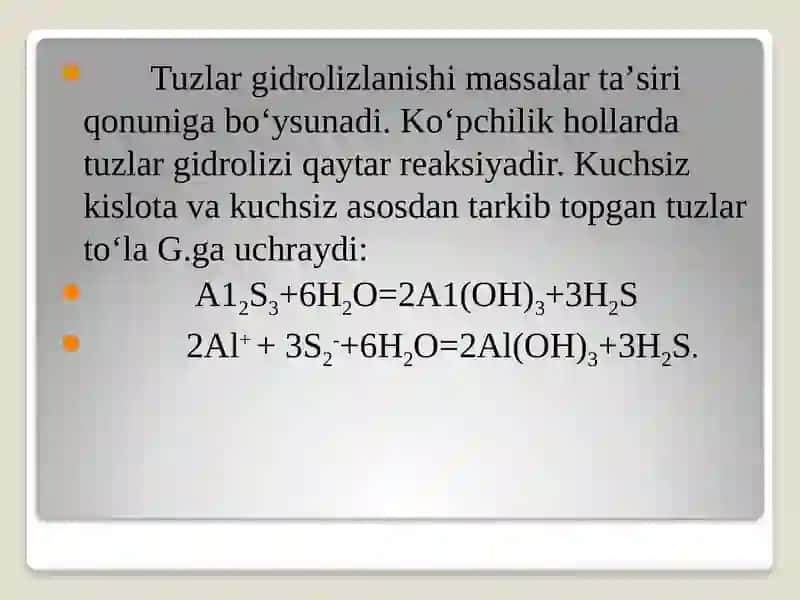 GIDROLIZ TURLARI. GIDROLIZLANISH KONSTANTASI.GIDROLIZLANISH DARAJASI 4