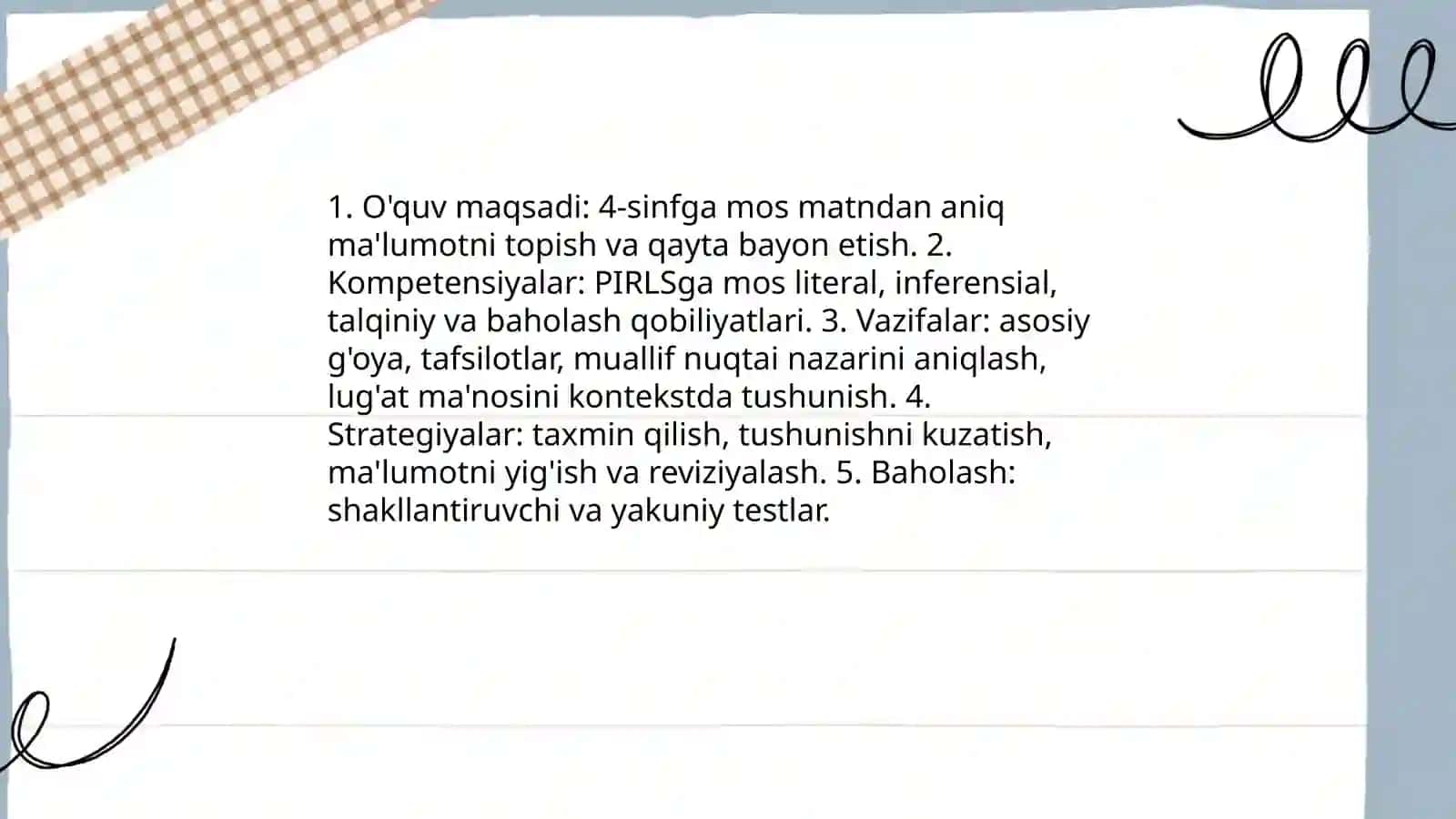 Yurtim buylab sayohat audiyomatn mavzusidagi matn ustida ishlash va PIRLS topshiriqlarni ishlab chiqish 4