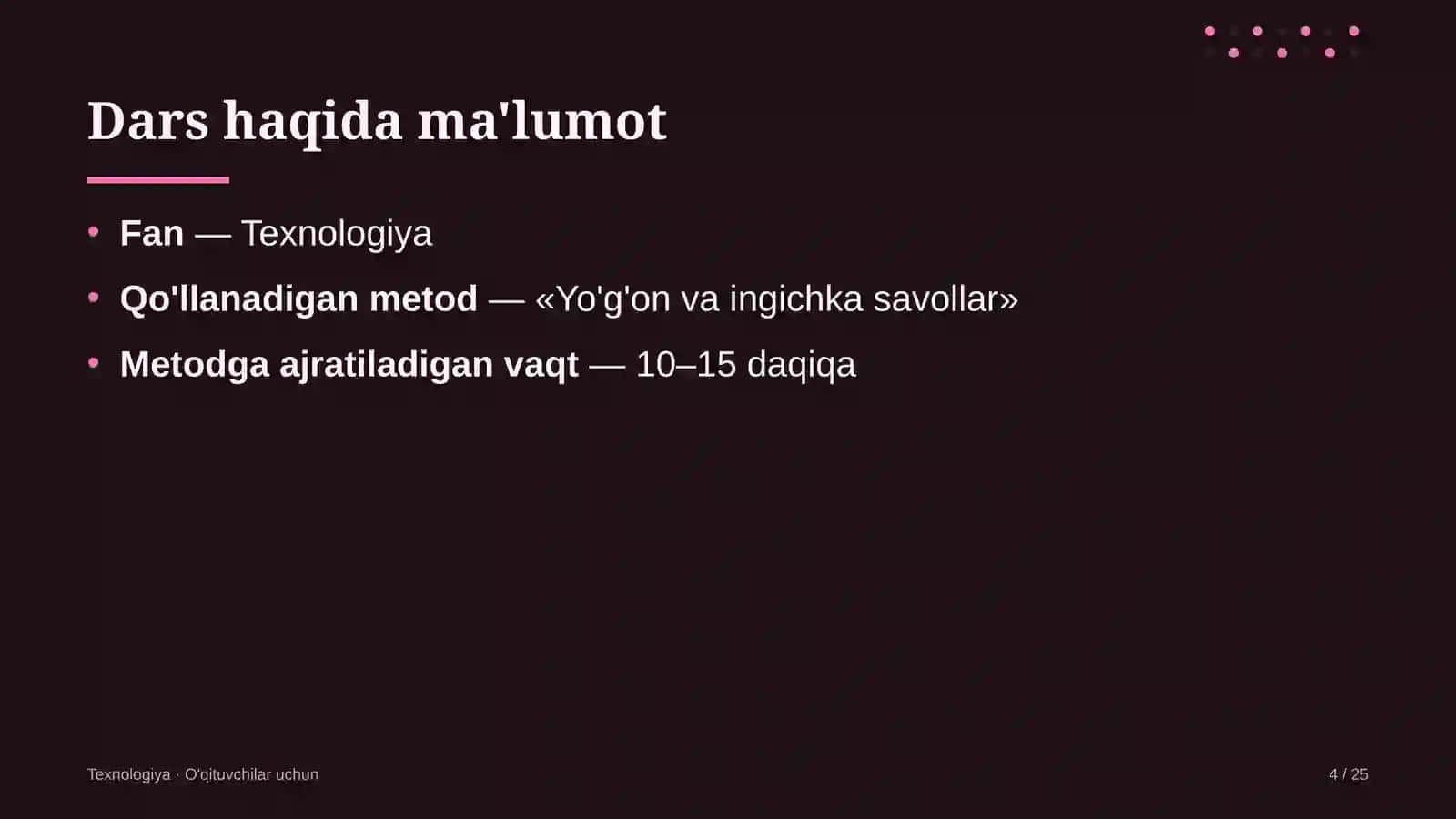 texnologiya darslarida yo'g'on va ingichka savollar metodidan foydalanish 5345 4