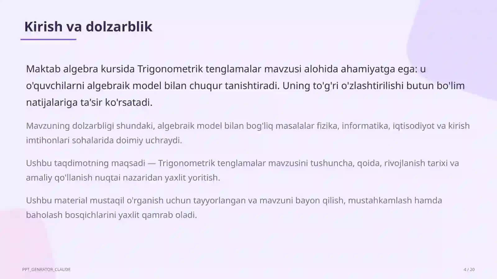 Trigonometrik tenglamalar (10-sinf) 4