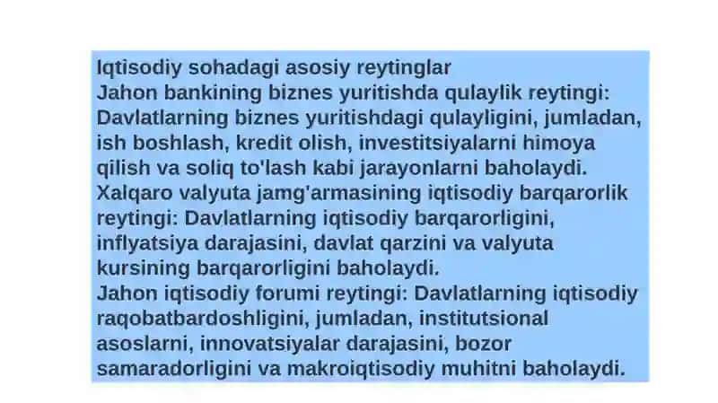 Iqtisodiy va ijtimoiy sohadagi ustuvor xalqaro reytinglar va ularga O’zbekistonning integratsiyalashuvi 4