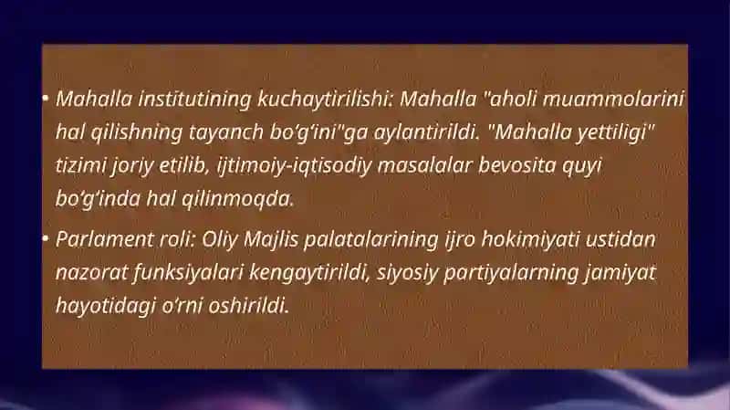 SH.M.Mirziyoyivning 2017- yildan xozzirgi kungacha O`zbekiston Respublikasida amalga oshirilgan islohatlar 4
