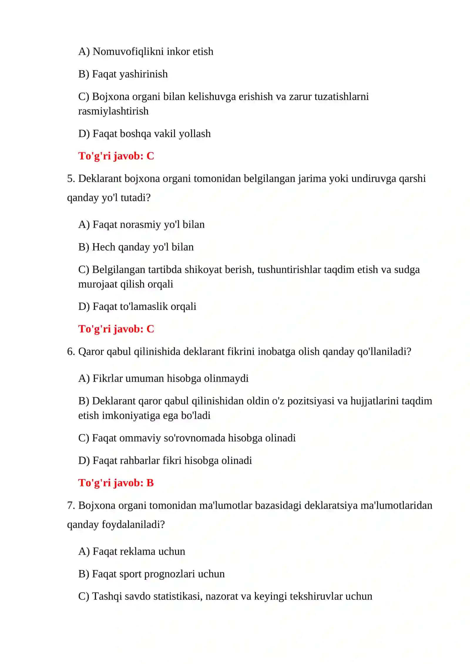 BOJXONA DEKLARATSIYASI 100 TA TEST 4