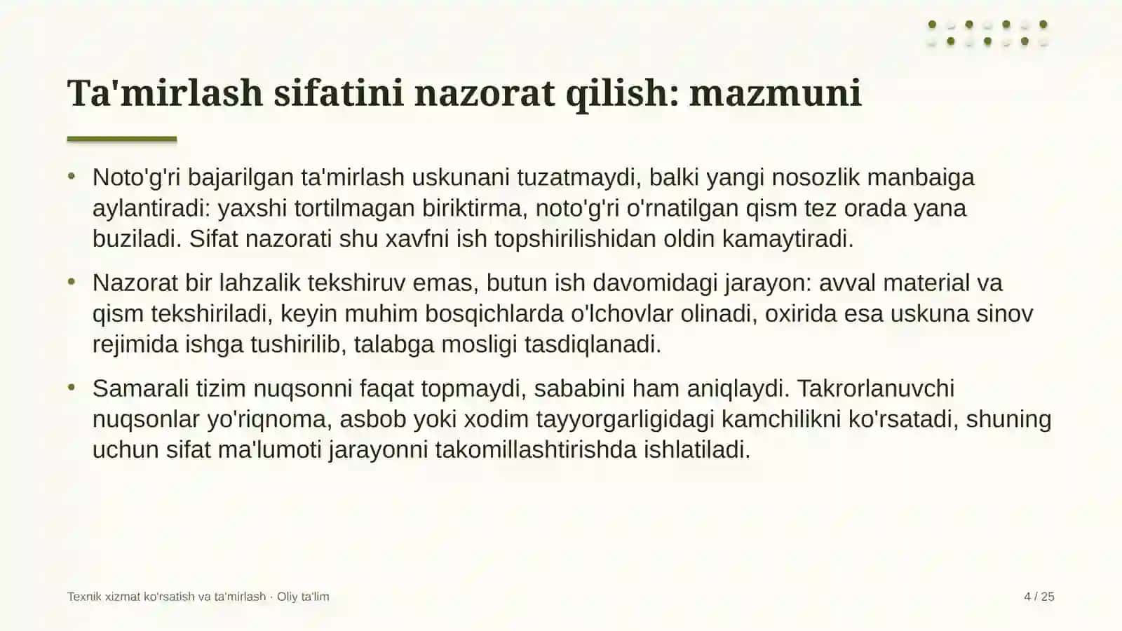 fermer xo'jaliklarida ta'mirlash ishlari sifatini nazorat qilish 8322 4