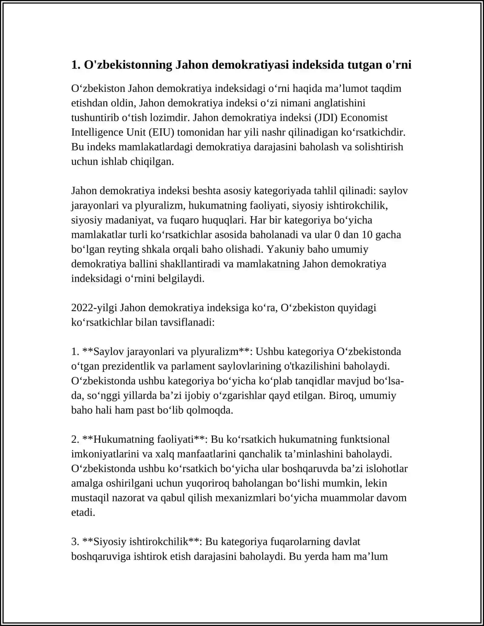 O‘ZBEKISTONNING “JAHON MAMLAKATLARI DEMOKRATIYASI INDEKSI” DA BELGILAGAN O`RNI 4