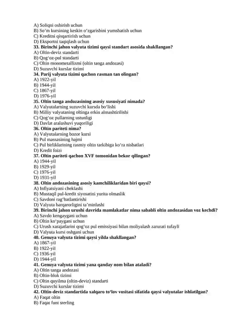 Xalqaro Valyuta-Kredit Munosabatlari Nazariyasi test 4