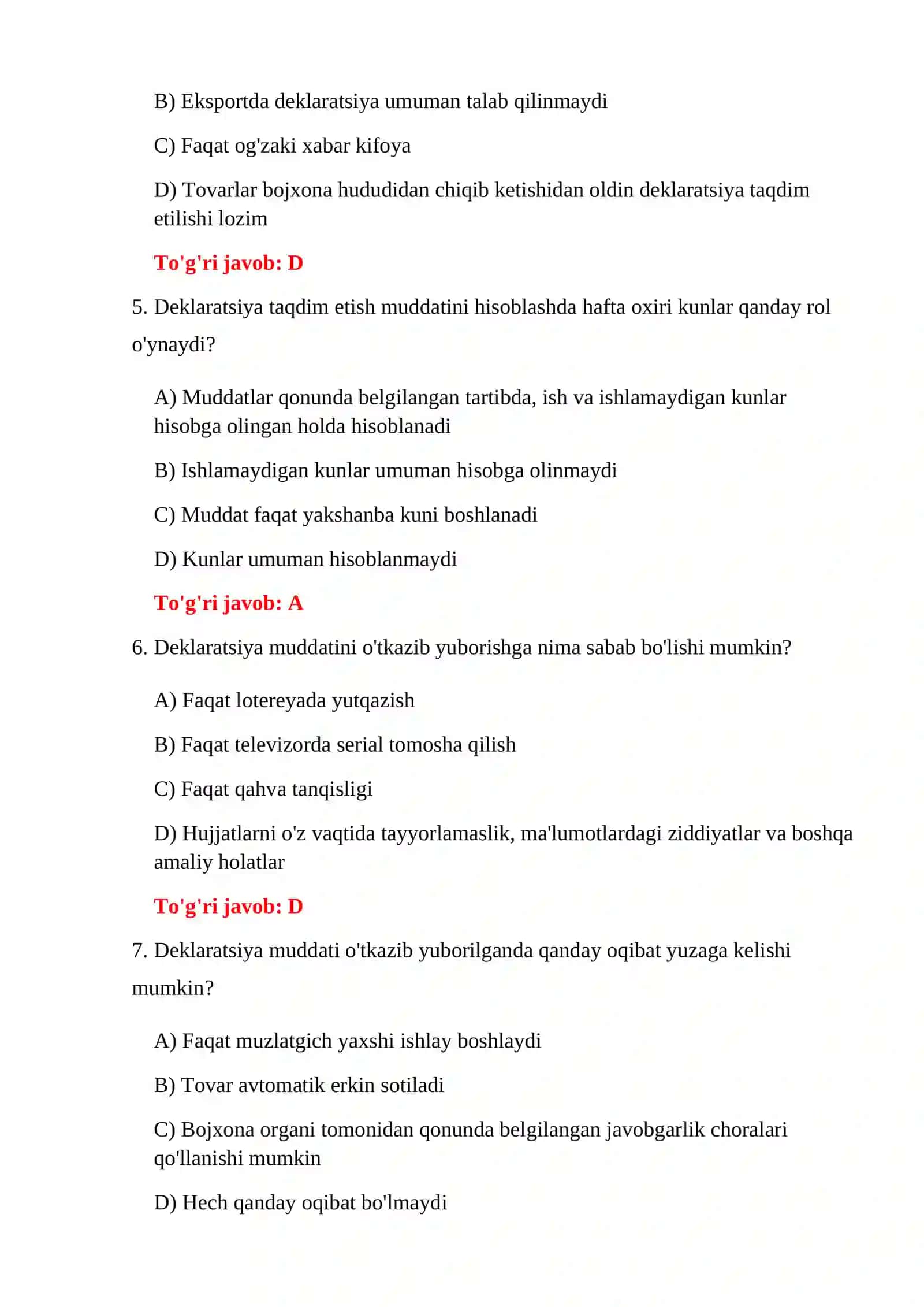 BOJXONA DEKLARATSIYASINI TO'LDIRISH TESTLARI 4
