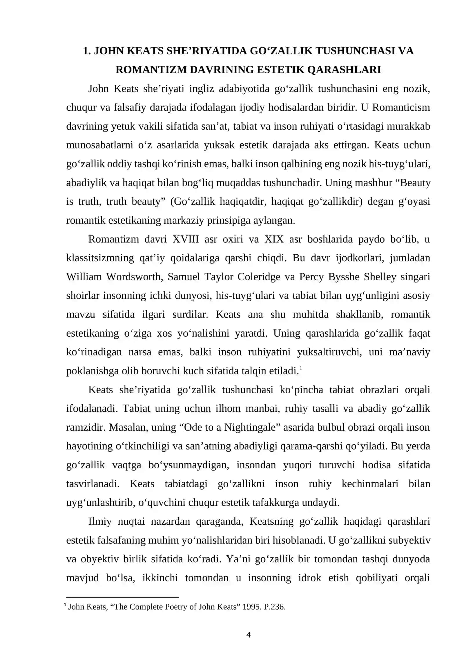 Mavzu: Jon Kits she'riyatida go'zallik va san'at abadiyligi g'oyasi ("Ode on a Grecian Urn", "Ode to a Nightingale", "Ode on Melancholy" she'rlari asosida) 4
