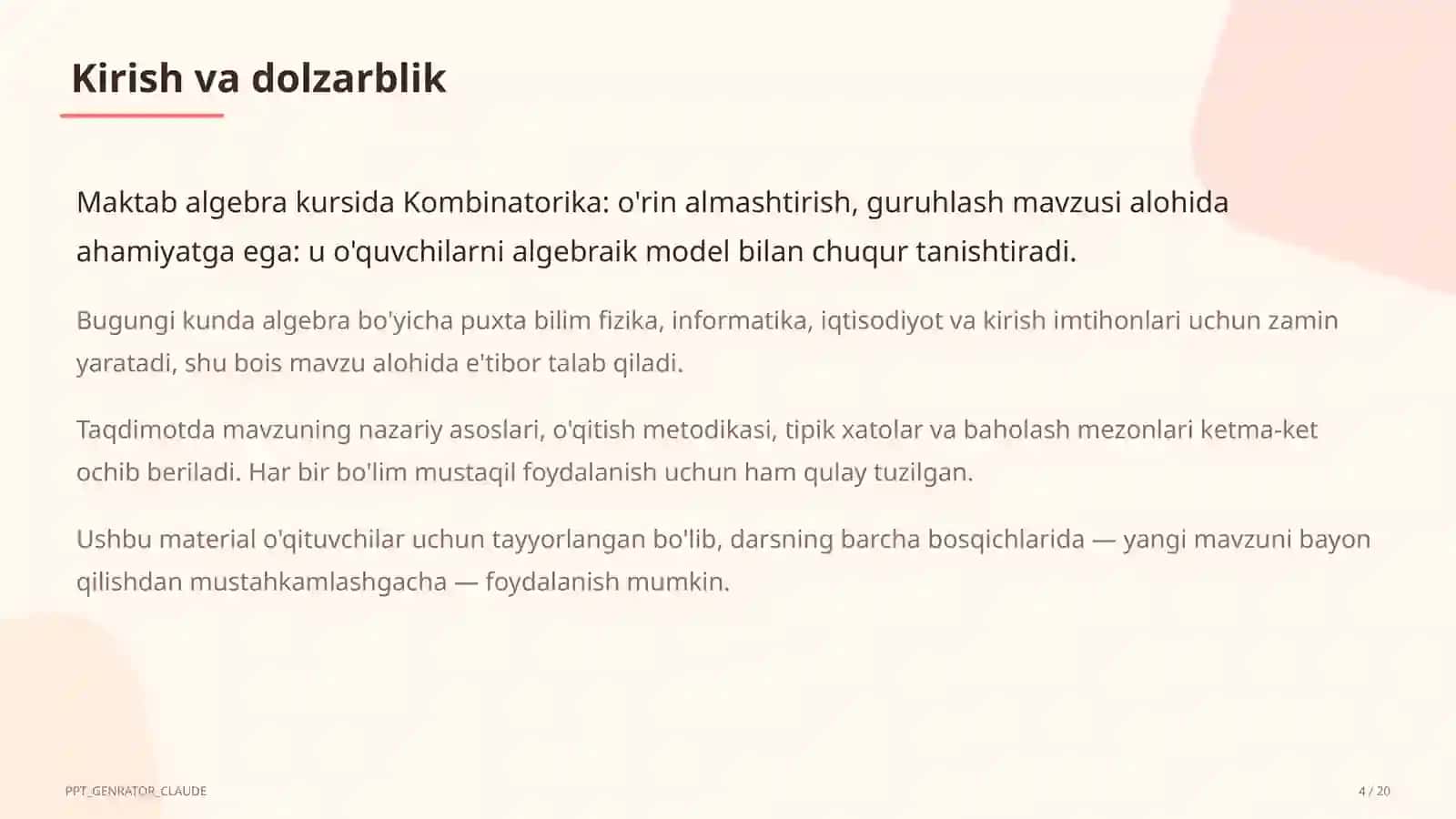 Kombinatorika: o'rin almashtirish, guruhlash (9-sinf) 4