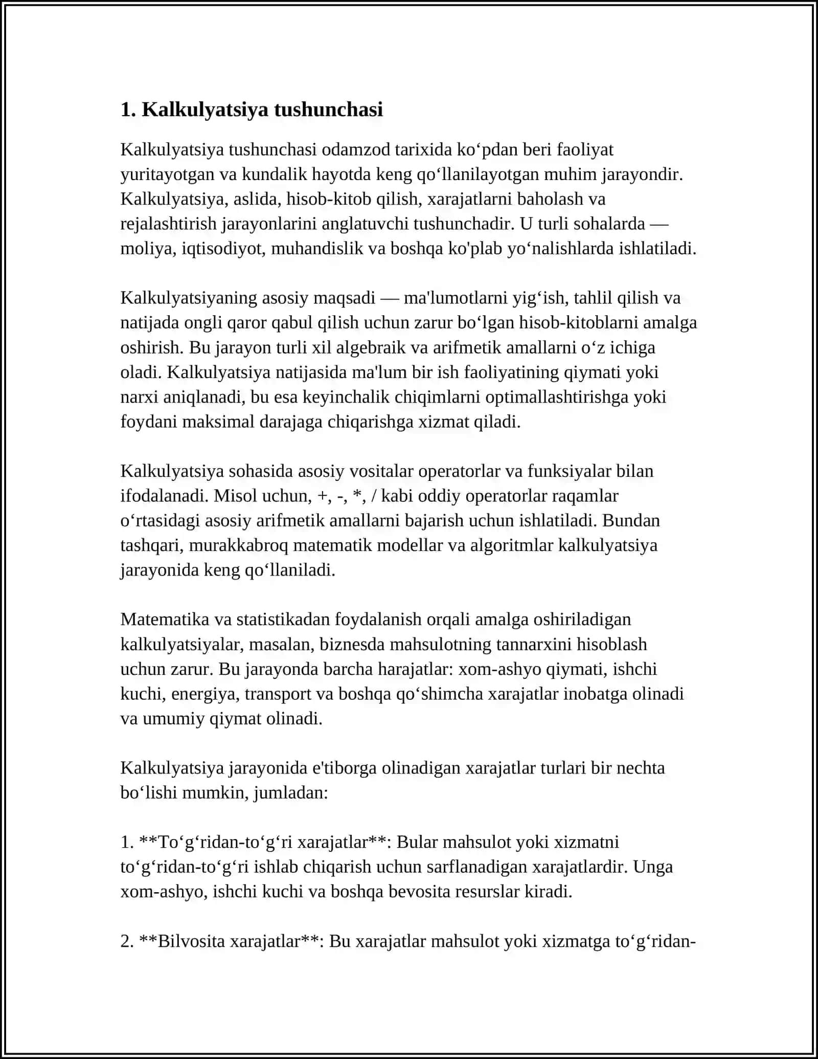 KALKULYATSIYA VA UNING TURLARI. STANDART KALKULYATSIYA. KALKULYATSIYA BO'YICHA OG'ISHISHLAR 4