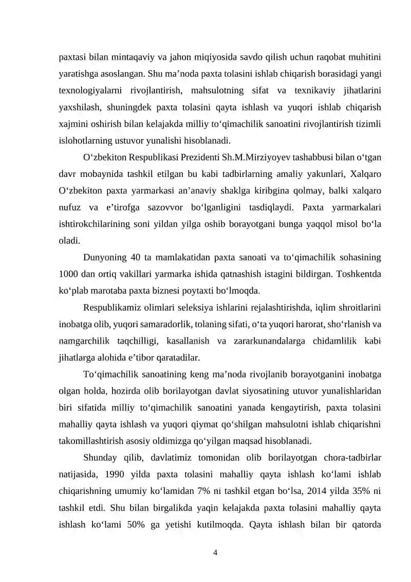 “Yillik ishlab chiqarish quvvati 2,5mln. pagonometr  bo’lgan artikuli 3145 “Diagonal’’ to’qimasini ishlab chiqarish texnologik jarayonlar loyihasi” ishlab chiqish 4