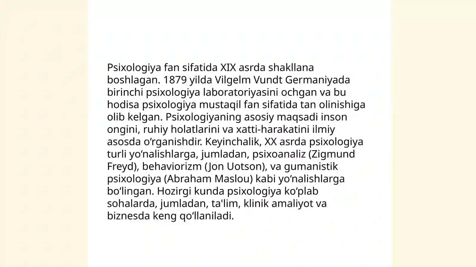 Umumiy psixologiya fanining taraqqiyot bosqichlari predmeti va asosiy vazifalari. O‘zbek, rus va xorij psixolog olimlari psixologik qarashlari 4