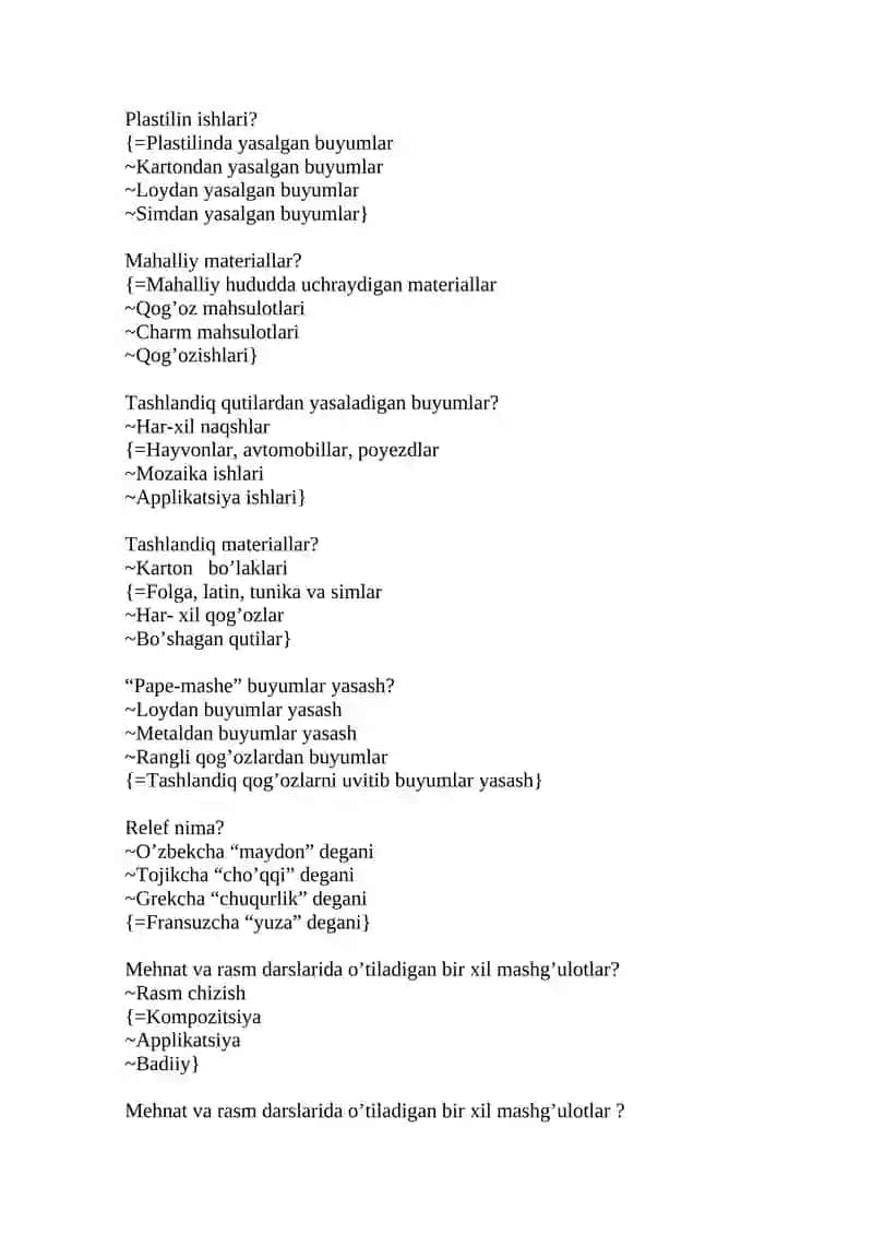 Texnologiya ta’limi va uni o`qitish metodikasi fanidan test 4
