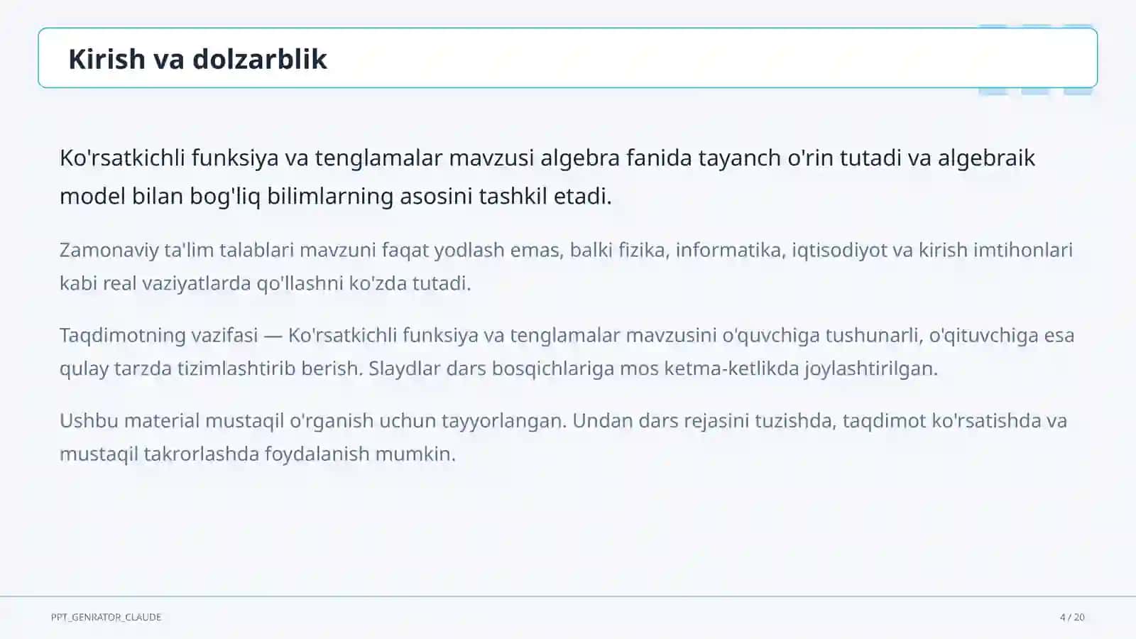 Ko'rsatkichli funksiya va tenglamalar (10-sinf) 4