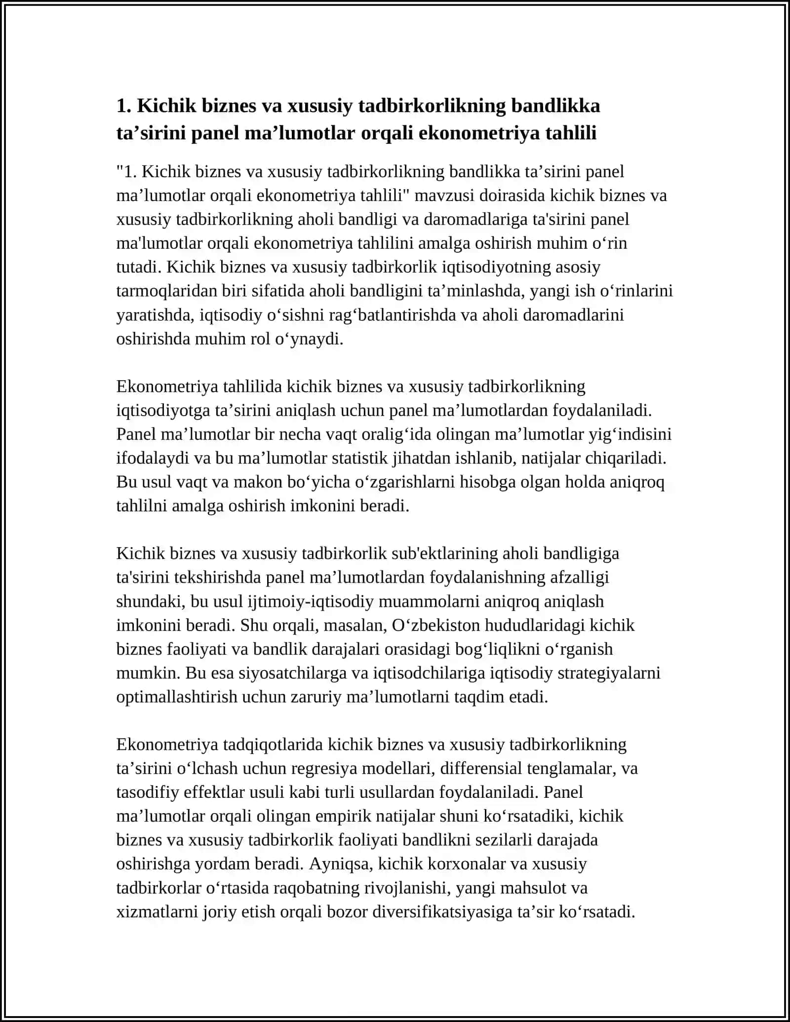 AHOLI BANDLIGI VA DAROMADLARINI OSHIRISHDA KICHIK BIZNES VA XUSUSIY TADBIRKORLIK SUB'EKTLARI KO‘RSATKICHLARINI EKONOMETRIK TAHLIL QILISH 4