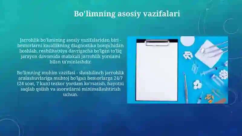 Xirurgiya bo'limining tuzilmasi, vazifalari va uni tashkil etish 4