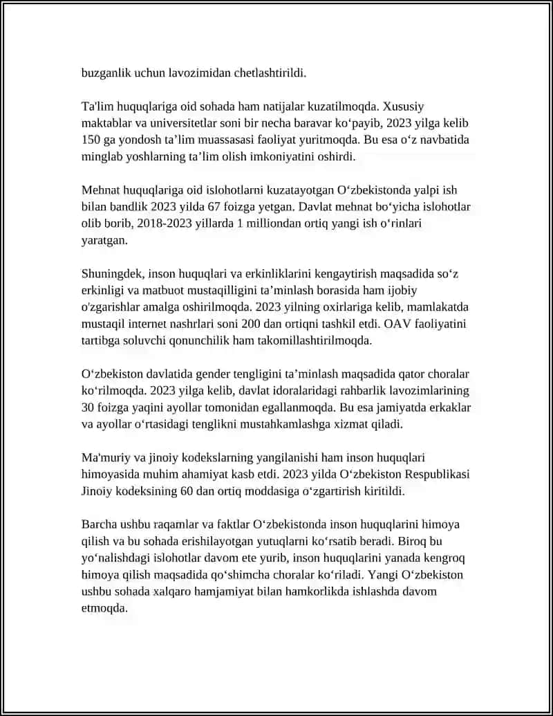 YANGI O'ZBCKISTONDA INSON HAG-HUQUQLANI VA ERKINLIKLARI KAFOLATINING YARATILISHI 4