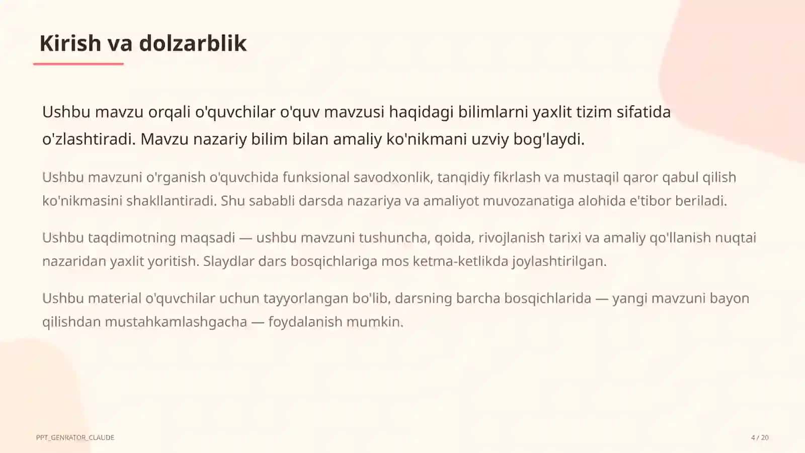 Dolzarb mavzular — maktab va o'qituvchilar (2026) — o'quvchilar uchun 4