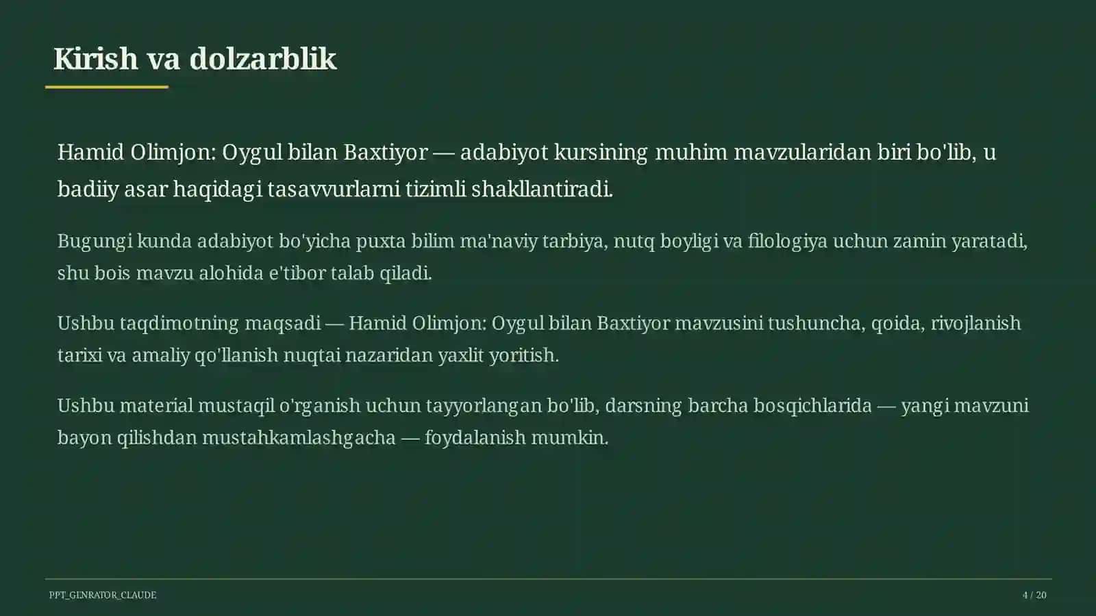 Adabiyot (5–11) — mustaqil o'rganish 4