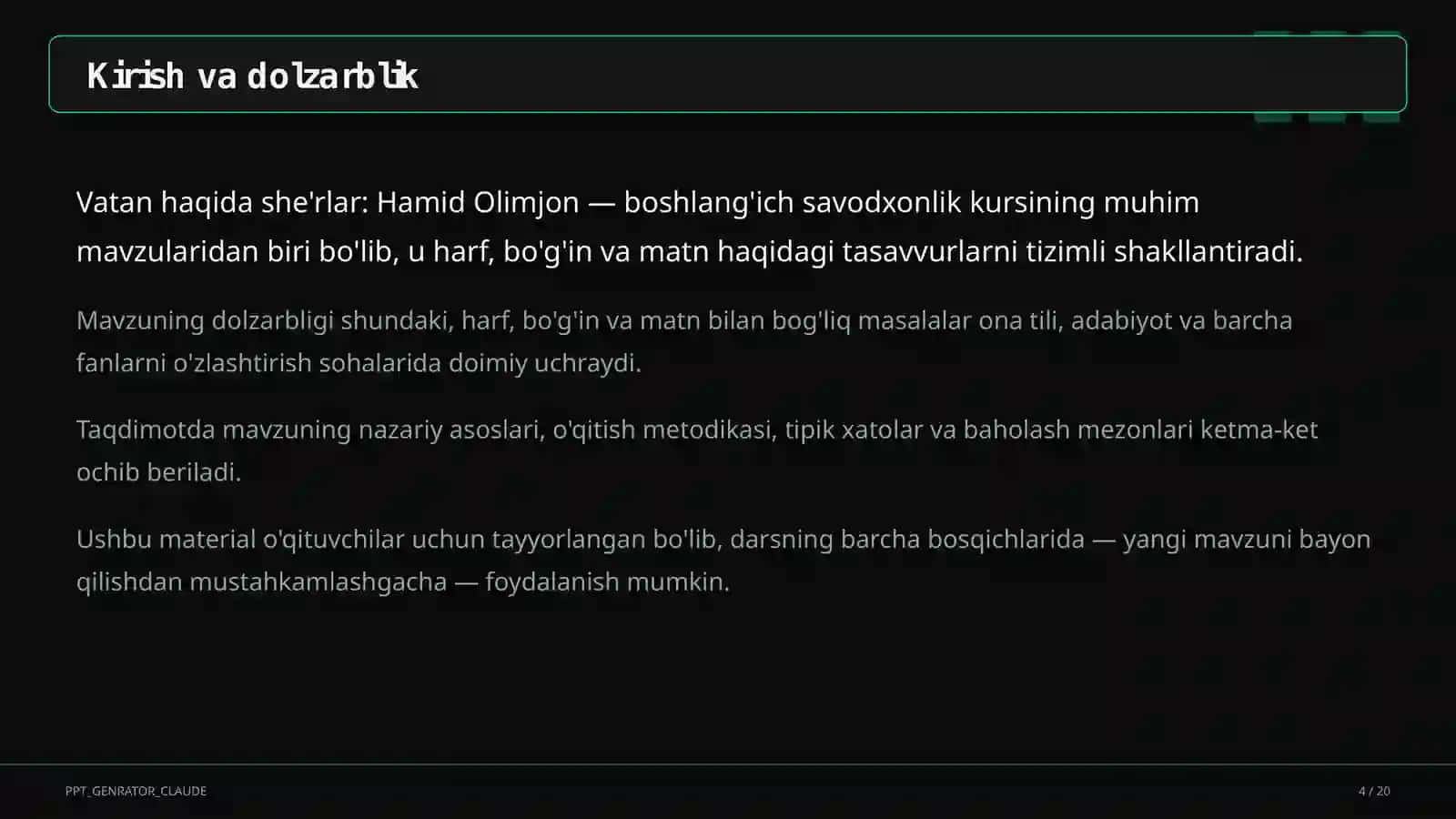 Boshlang'ich sinf: Ona tili va o'qish (1– 4