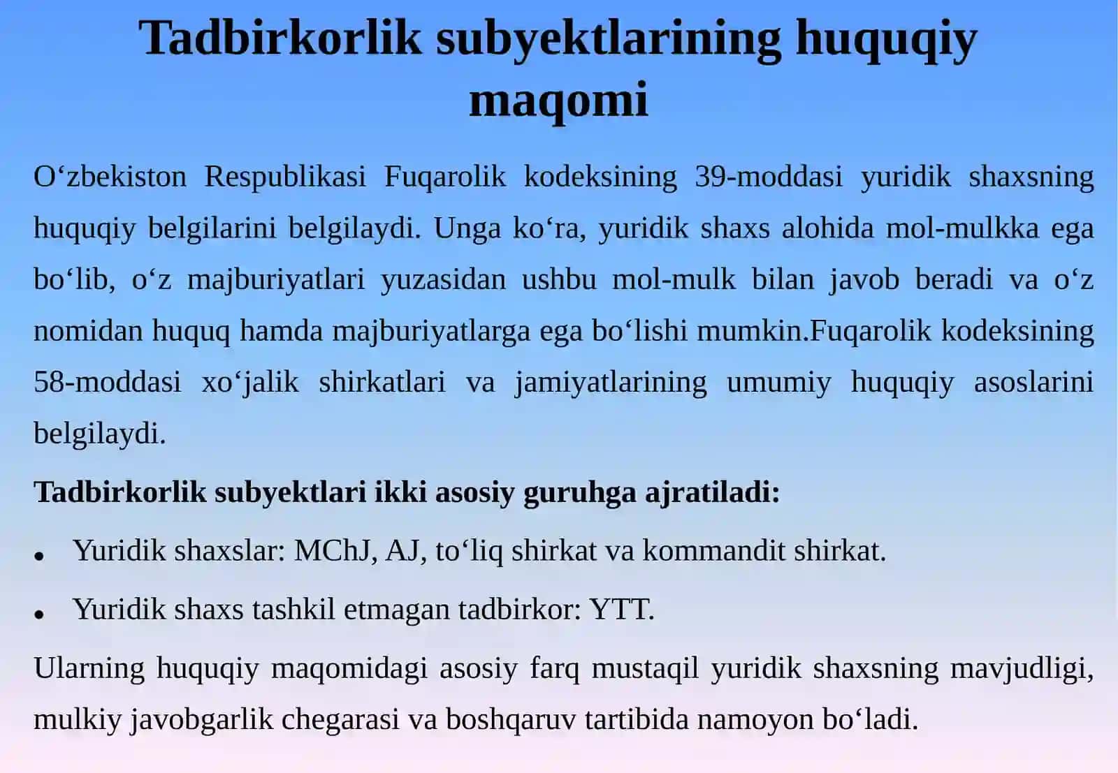 MCHJ, AJ, TO‘LIQ SHIRKAT, KOMMANDIT SHIRKAT VA YTTNING QIYOSIY-HUQUQIY TAVSIFI: HUQUQIY MAQOM, KAPITAL, JAVOBGARLIK VA BOSHQARUV 4