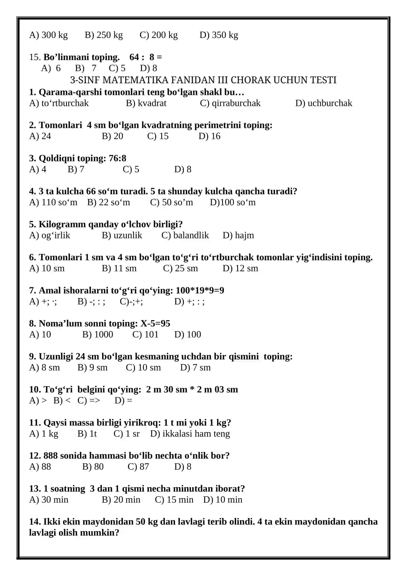 3-SINMATEMATIKA FANIDAN  CHORAK UCHUN TESTI 4