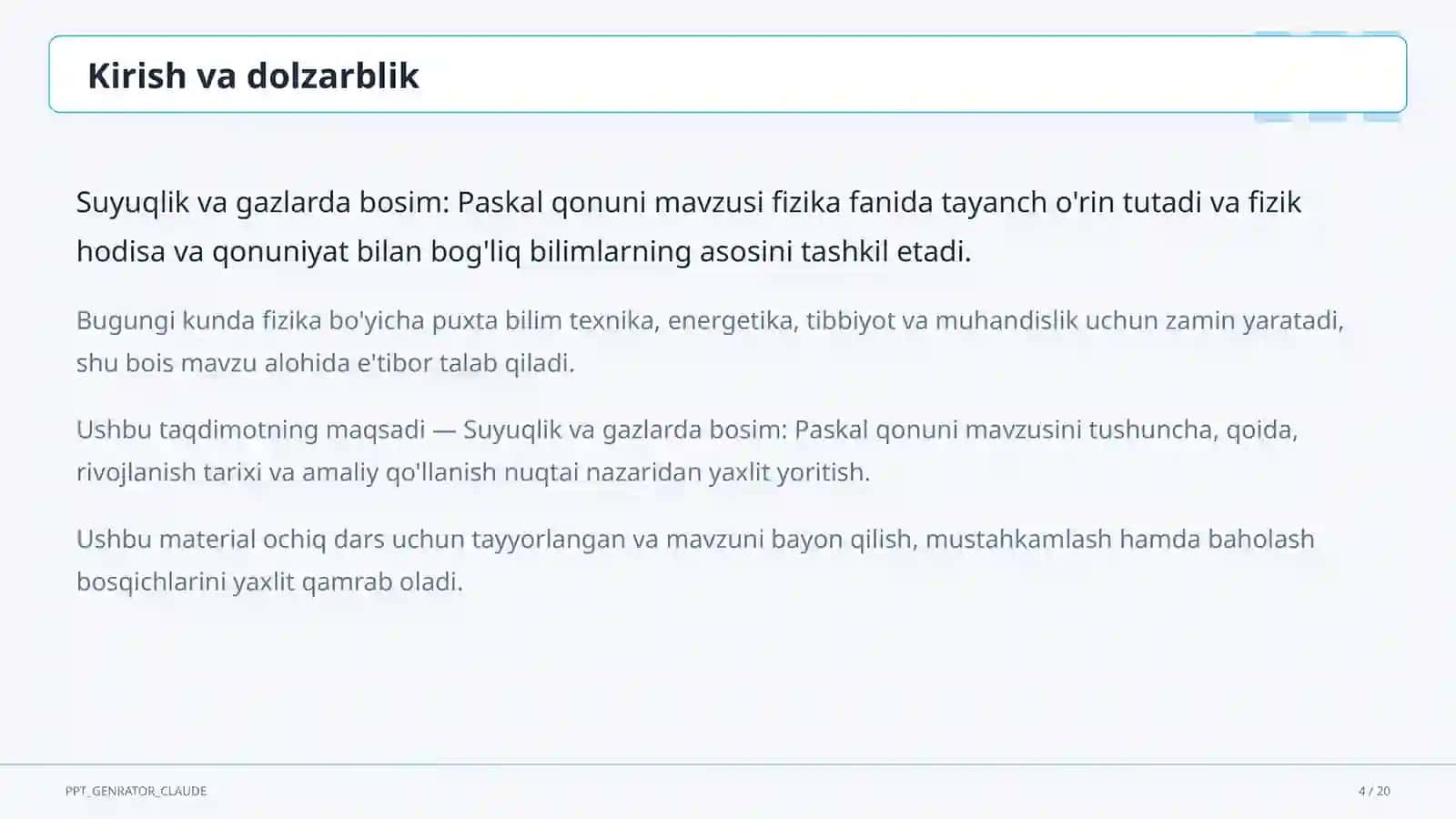 Suyuqlik va gazlarda bosim: Paskal qonuni (7-sinf) 4