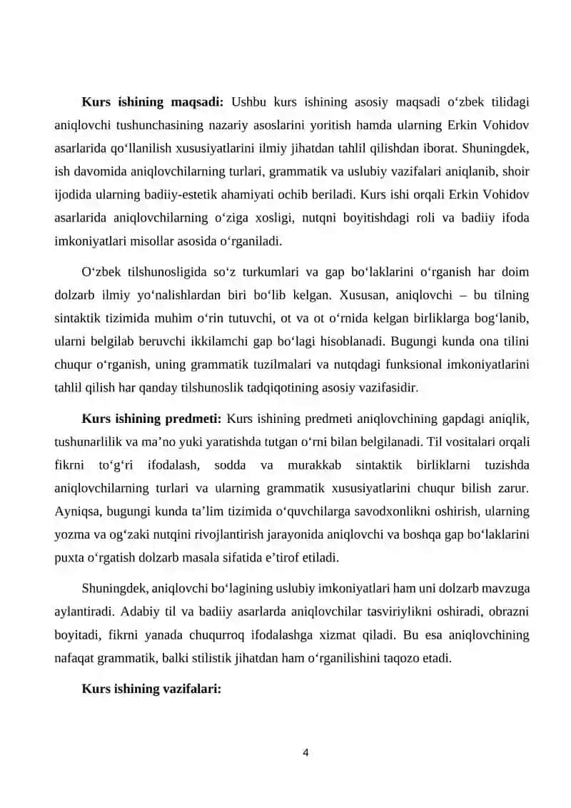 Oʻzbek tilida aniqlovchilar (Erkin Vohidov asarlarida). 4