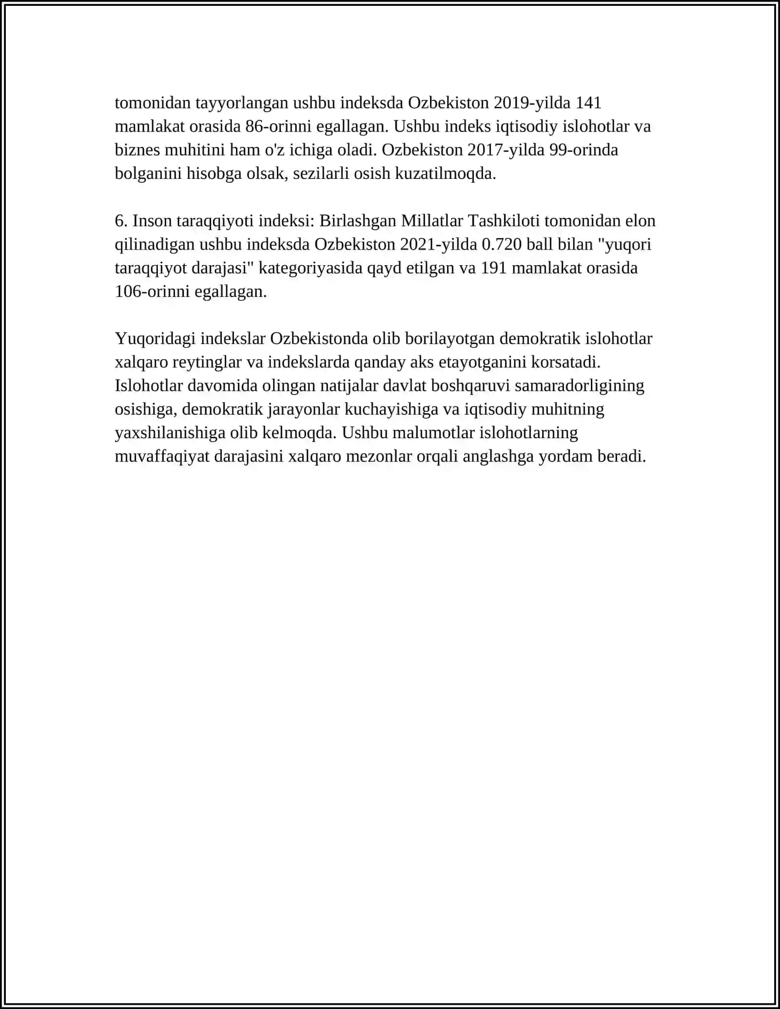 YANGI O'ZBEKISTON IJTIMOIY-SIYOSIY, IQTISODIY VA MADANIY HAYOTIDA RO'Y BERAYOTGAN ○` ZGARISHLARNING XALQARO REYTING VA INDEKSLARDA AKS ETISHI 4