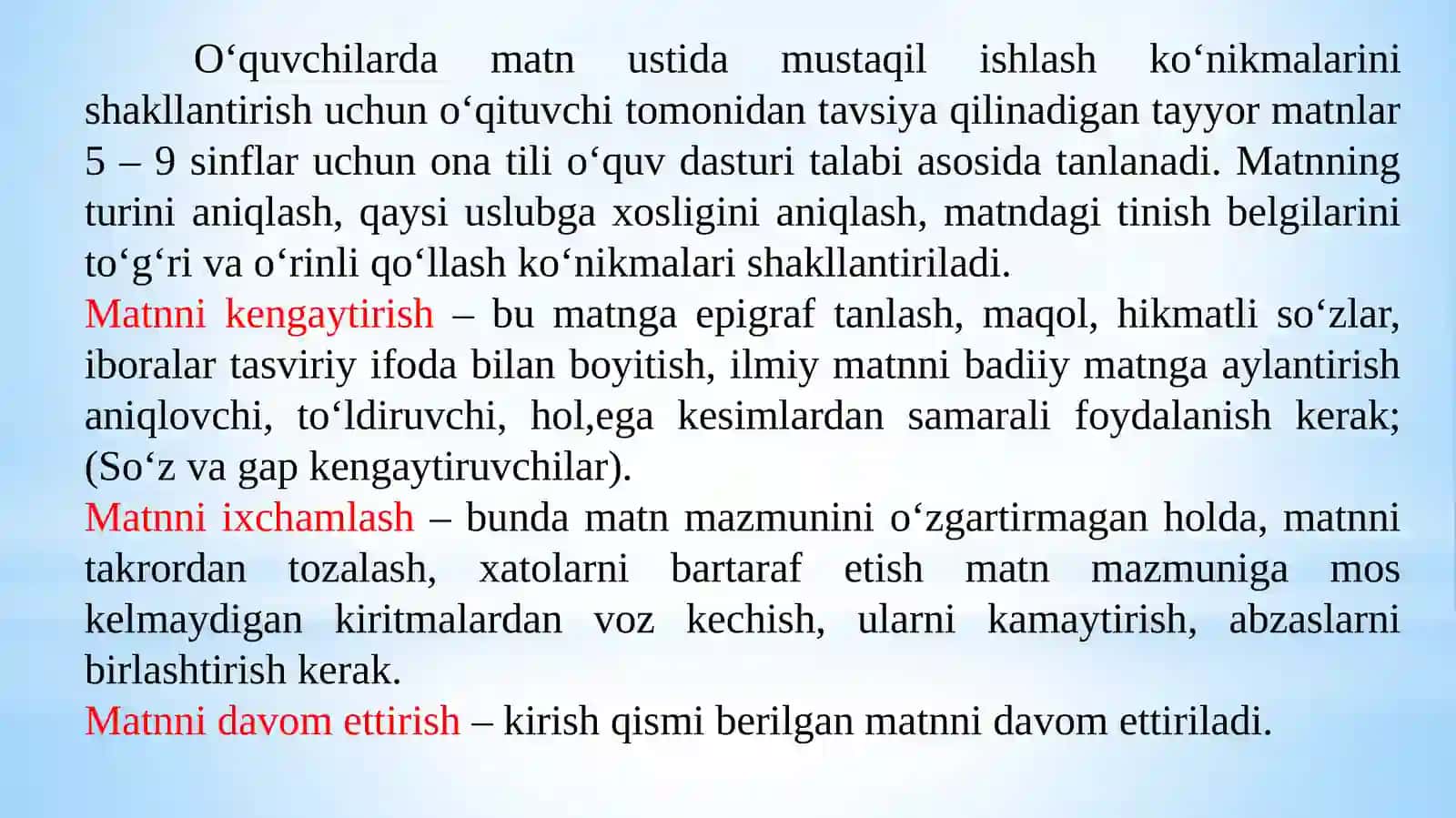 Matn turlari va tarkibi. Matn tuzish va matn ustida ishlashning oʻziga xos usullari 4