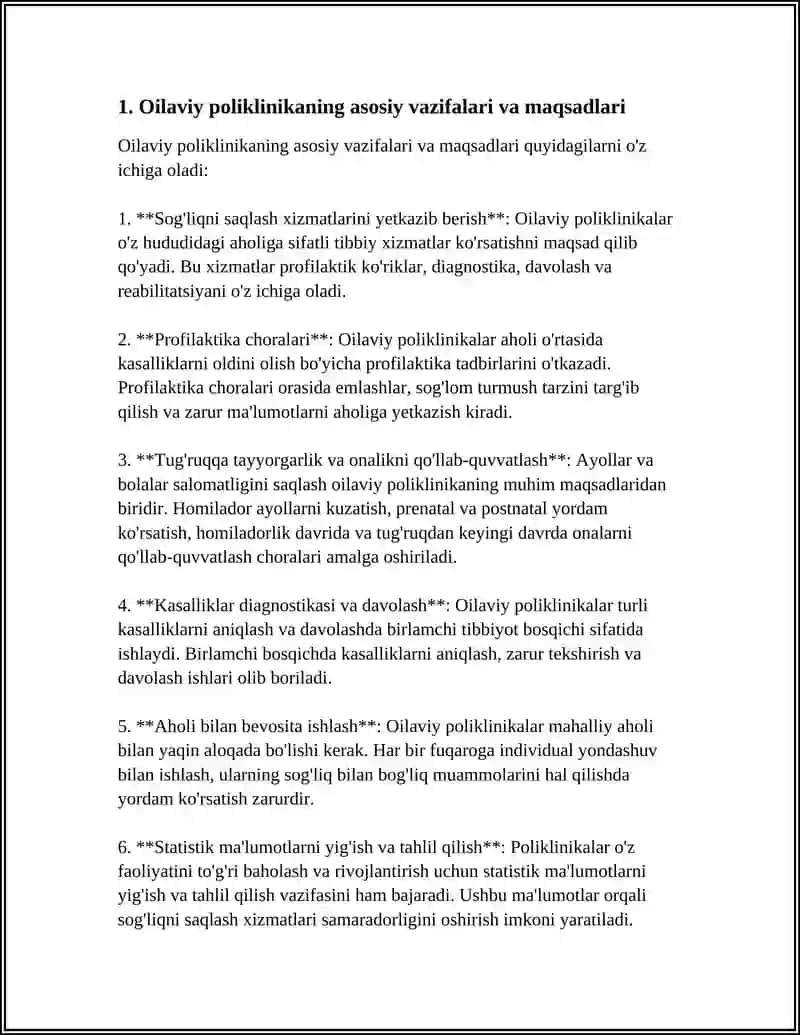OILAVIY POLIKLINIKA ASOSIY VAZIFALARI, ISH USLUBLARI, HISOBOT HUJJATLARINI YURITISH XUSUSIYATLARI 4