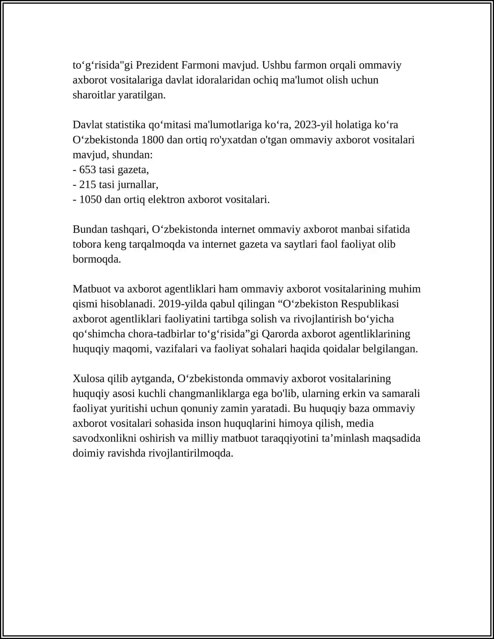 OʻZBEKISTON RESPUBLIKASIDA OMMAVIY AXBOROT VOSITALARINING FAOLIYATI 4