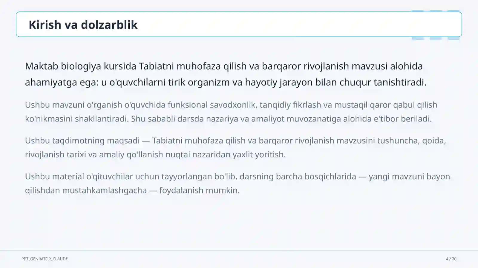 Tabiatni muhofaza qilish va barqaror rivojlanish (11-sinf) 4