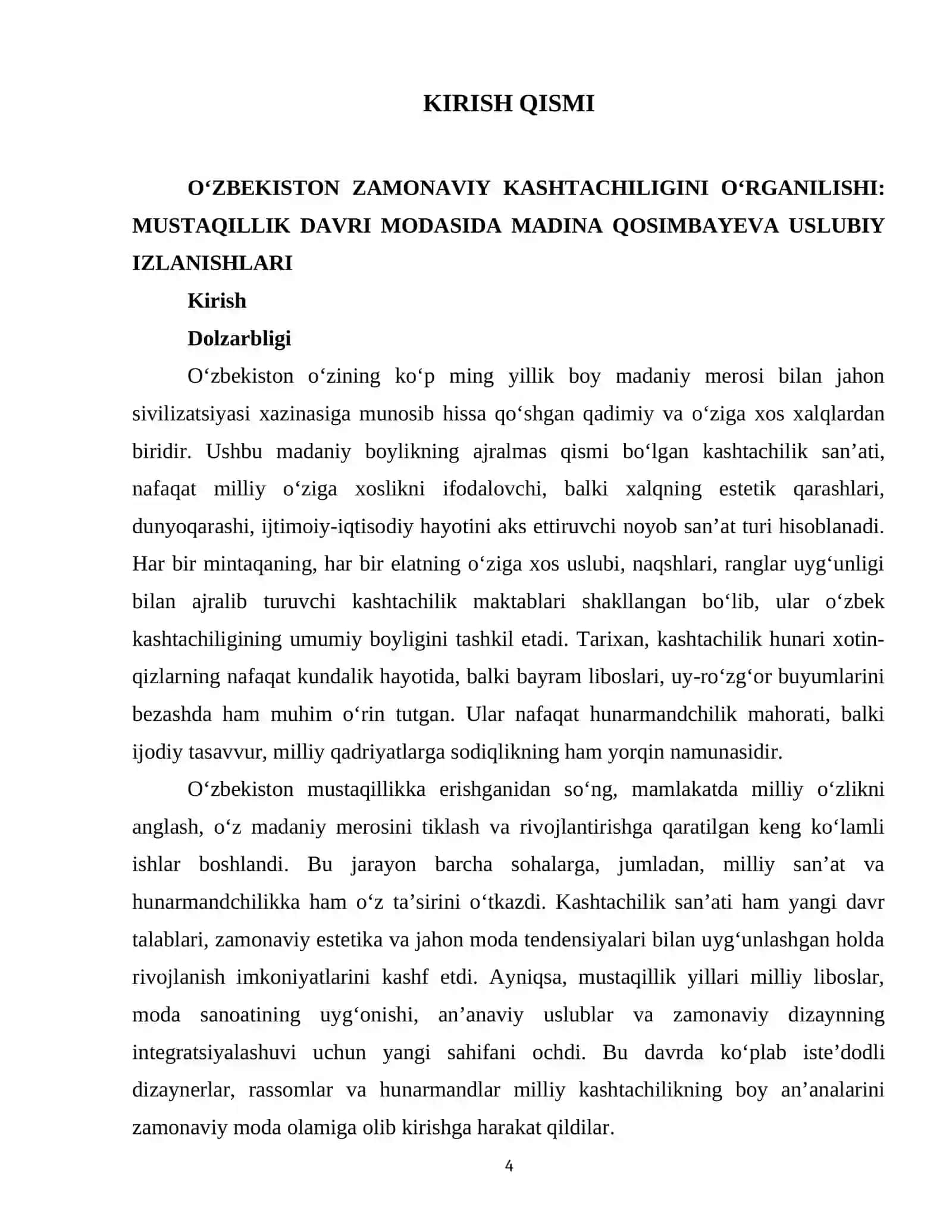 O‘ZBEKISTON ZAMONAVIY KASHTACHILIGINING O‘RGANILISHI,MUSTAQILLIK DAVRI MODASIDA MADINA KASIMBAYEVA USLUBIY IZLANISHLARI 4