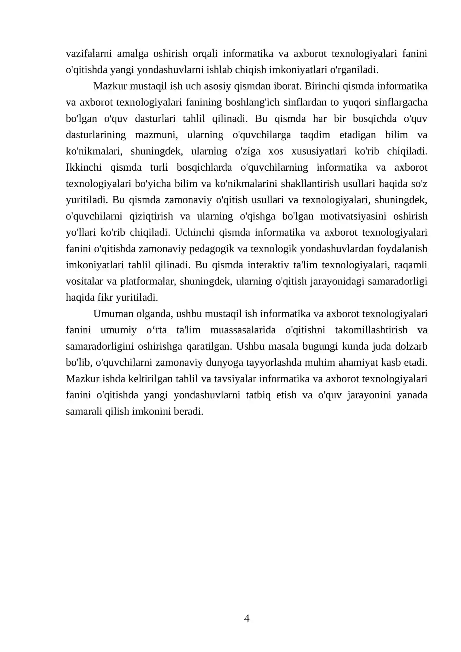 Umumiy oʻrta ta'lim muassasalarida informatika va axborot texnologiyalari oʻquv fanini oʻrganish bosqichlari 4