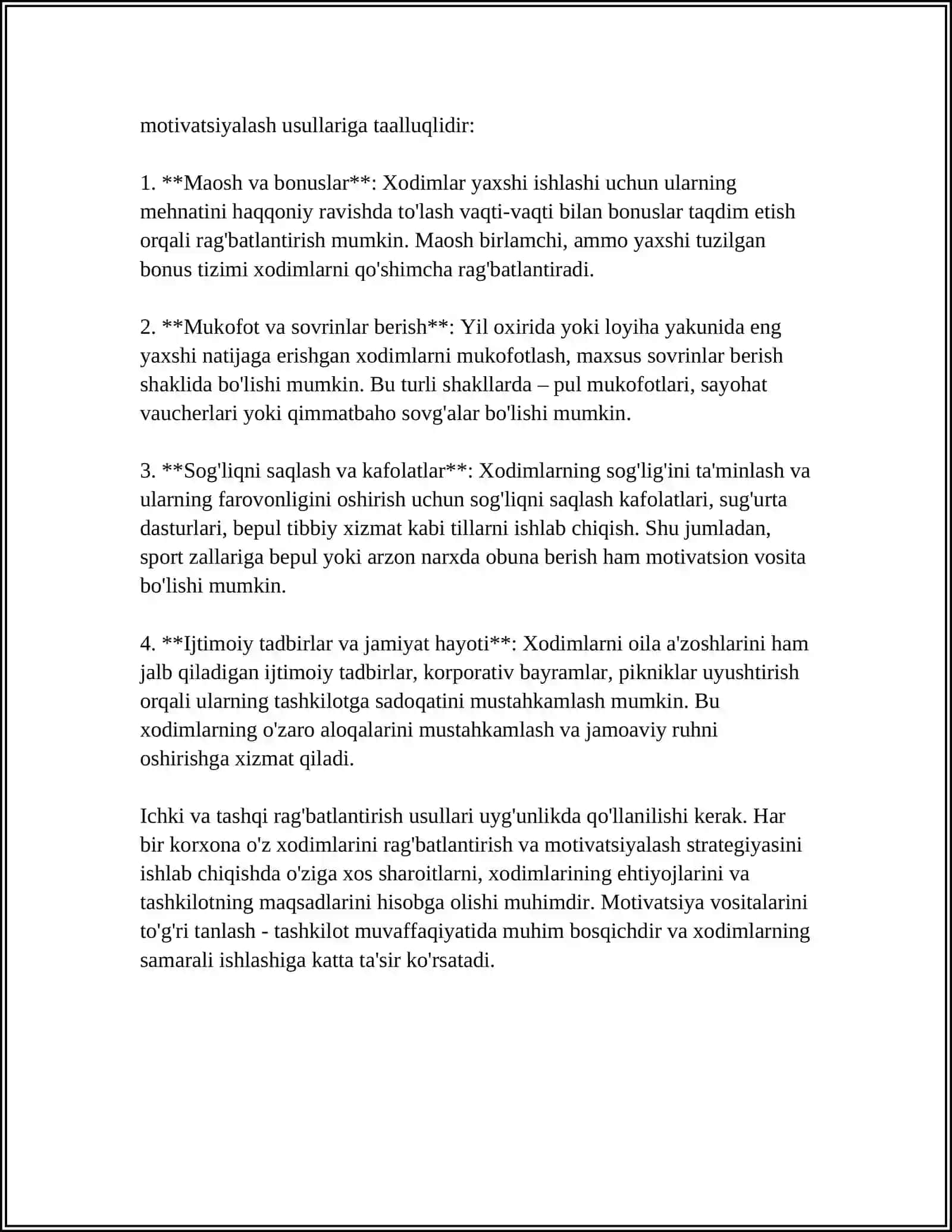 Xodimlarni Rag'batlantirish va Motivatsiyalash Usullari Referat 4