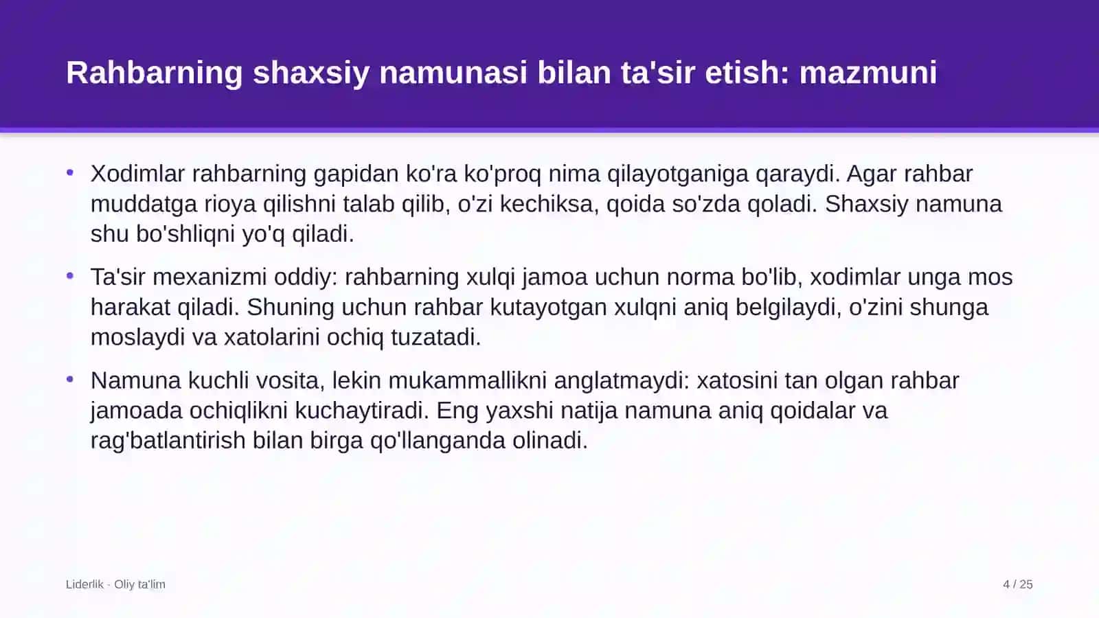 standartlashtirish va sertifikatlashtirish organlarida rahbarning shaxsiy namunasi orqali ta'sir etish 5121 4