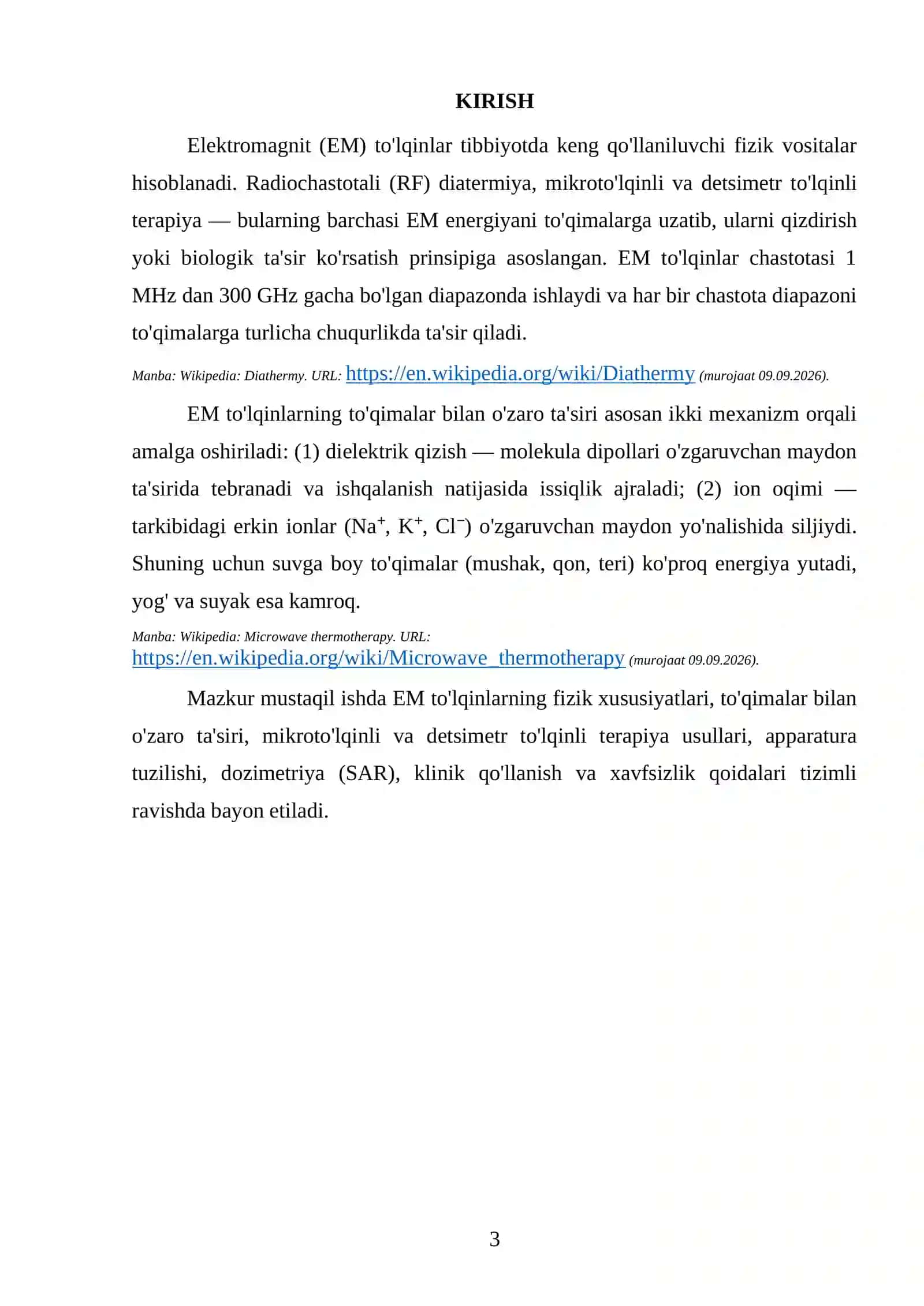ELEKTROMAGNIT TO'LQINLAR BILAN TA'SIR ETISH. MIKROTO'LQINLI VA DETSIMETR TO'LQINLI TERAPIYA 4