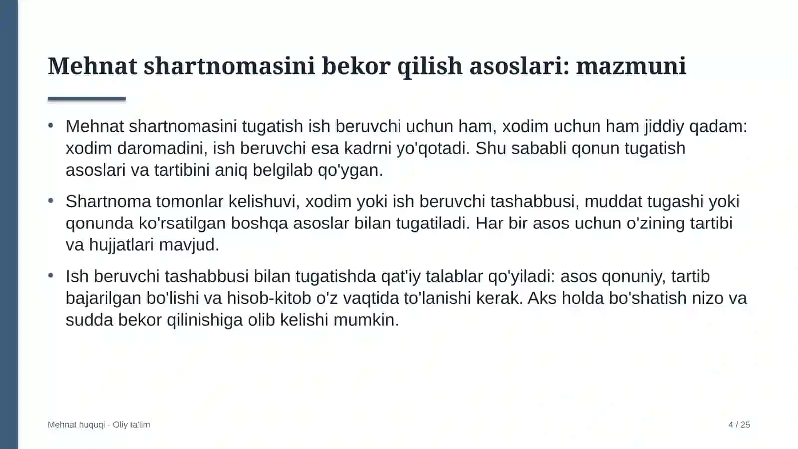 Mehnat shartnomasini bekor qilish asoslari 4