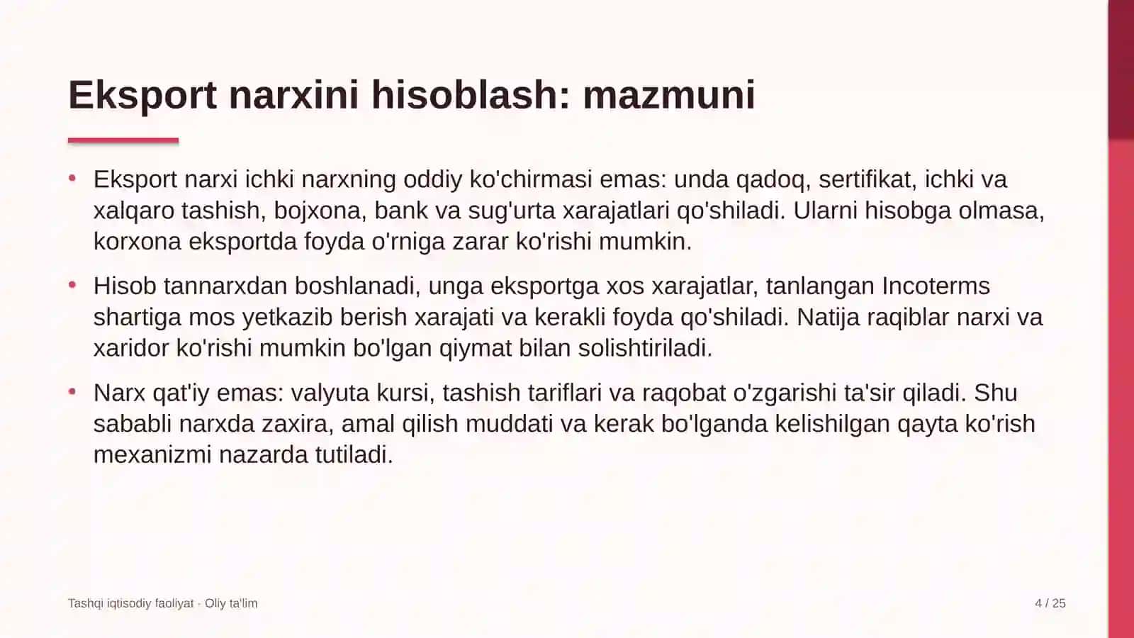 Aksiyadorlik jamiyatlarida eksport narxini hisoblash 4