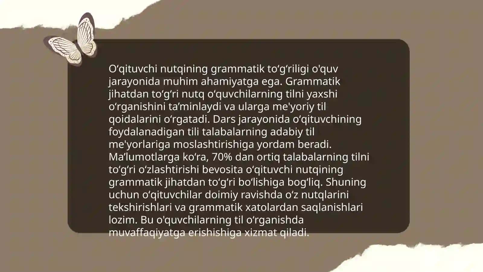 Boshlangʻich sinf oʻqituvchisi nutqining toʻgʻriligi, sofligi, aniqligi, mantiqiyligi, ifodaliligi, boyligi, oʻrinliligi 4