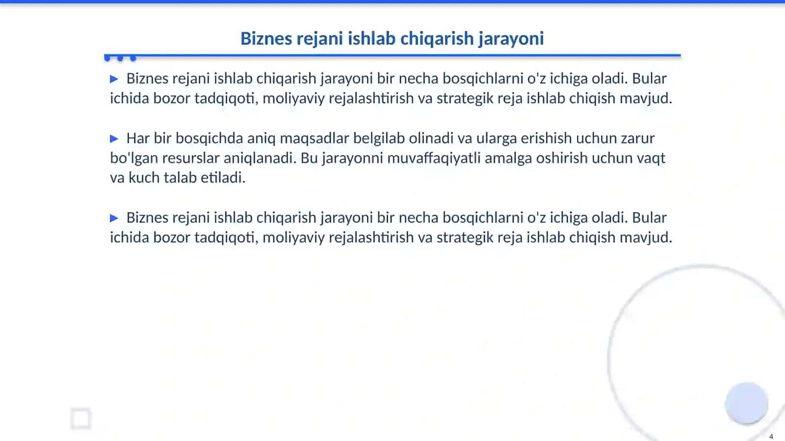 Biznes- rejani ishlab chiqarish tamoyillari, DPM 2 biznes rejani tuzilishi va muhokama 4