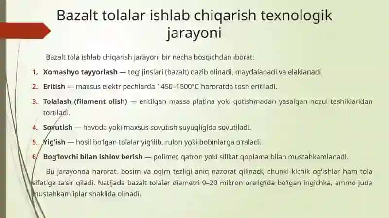 Bazalt tolasi bilan mustahkamlangan kompozitlar (metal, keramik va polimer matritsa) va ularning qo'llanilishi 4