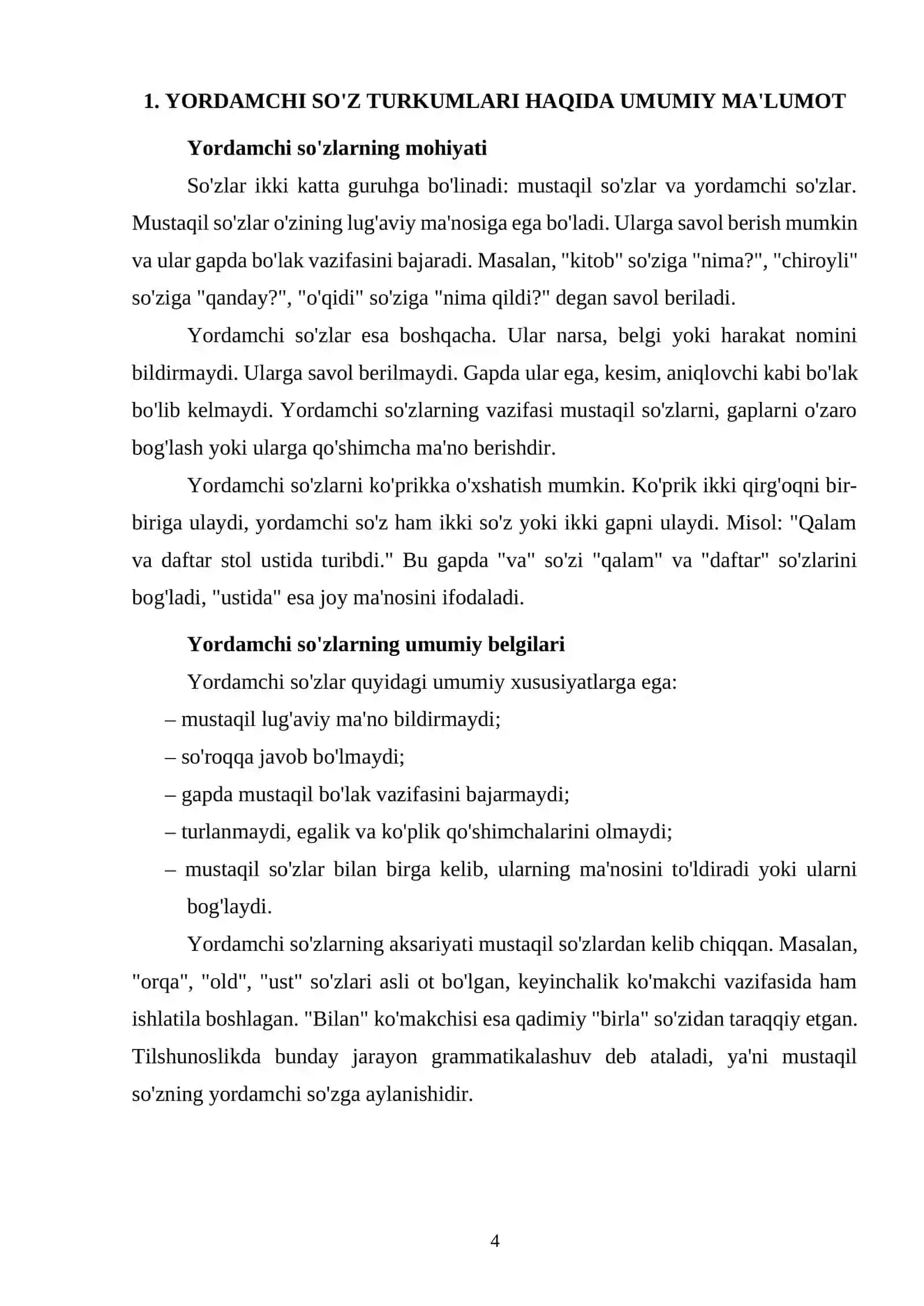 Yordamchi so'z turkumlari: ko'makchi, bog'lovchi va yuklama 4