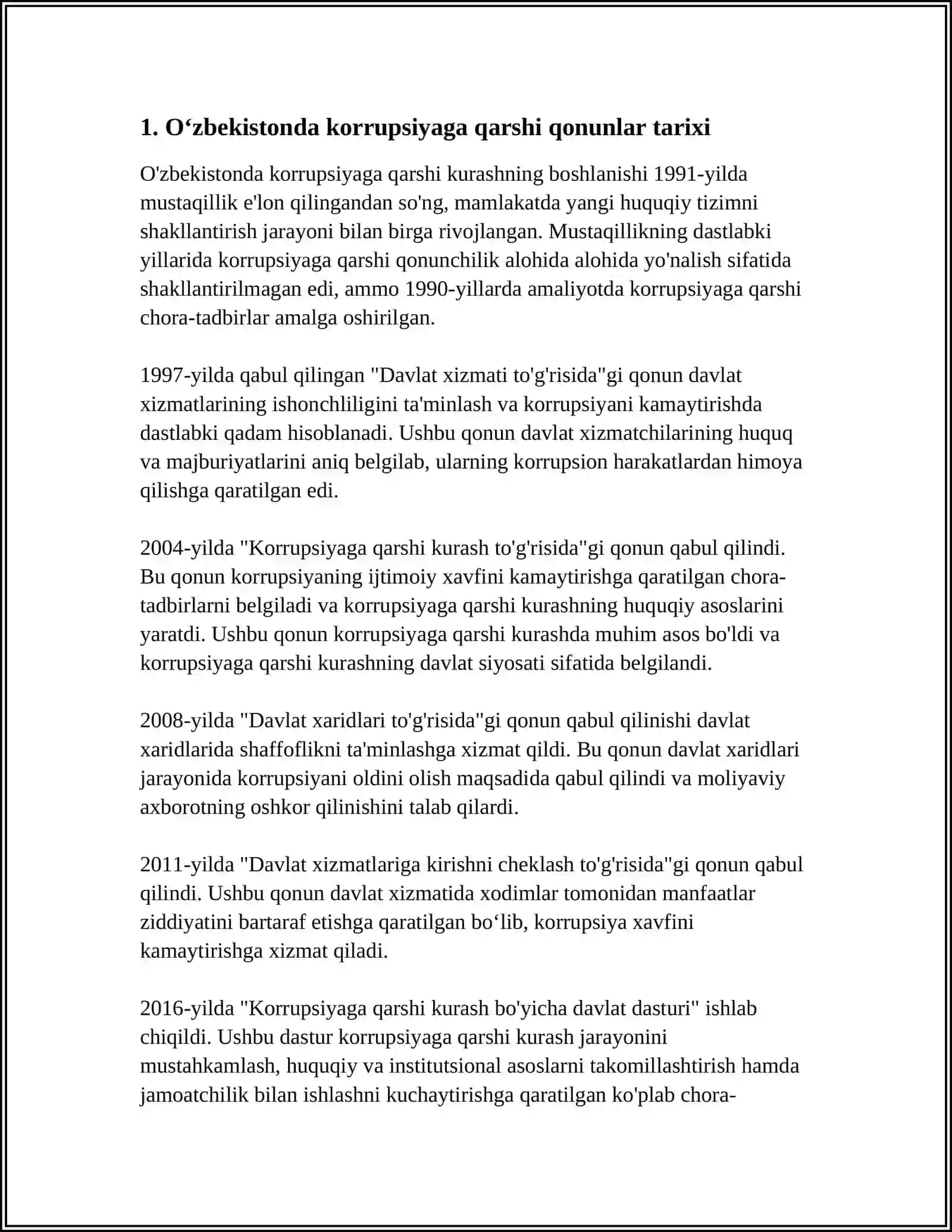 OʻZBEKISTONDA KORRUPSIYAGA OID QONUNLAR VA QARORLAR TASNIFI, KORRUPSIYAGA QARSHI KURASHNING AHAMIYATI 4